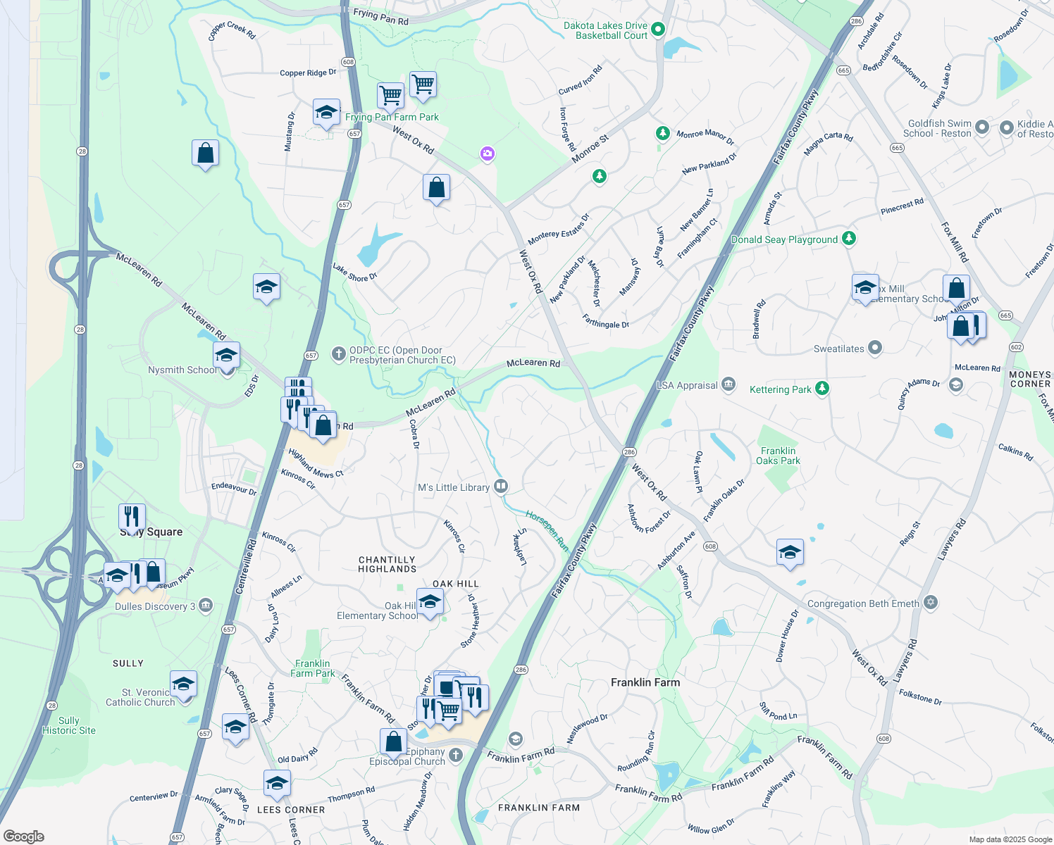 map of restaurants, bars, coffee shops, grocery stores, and more near 2918 Parklawn Court in Herndon