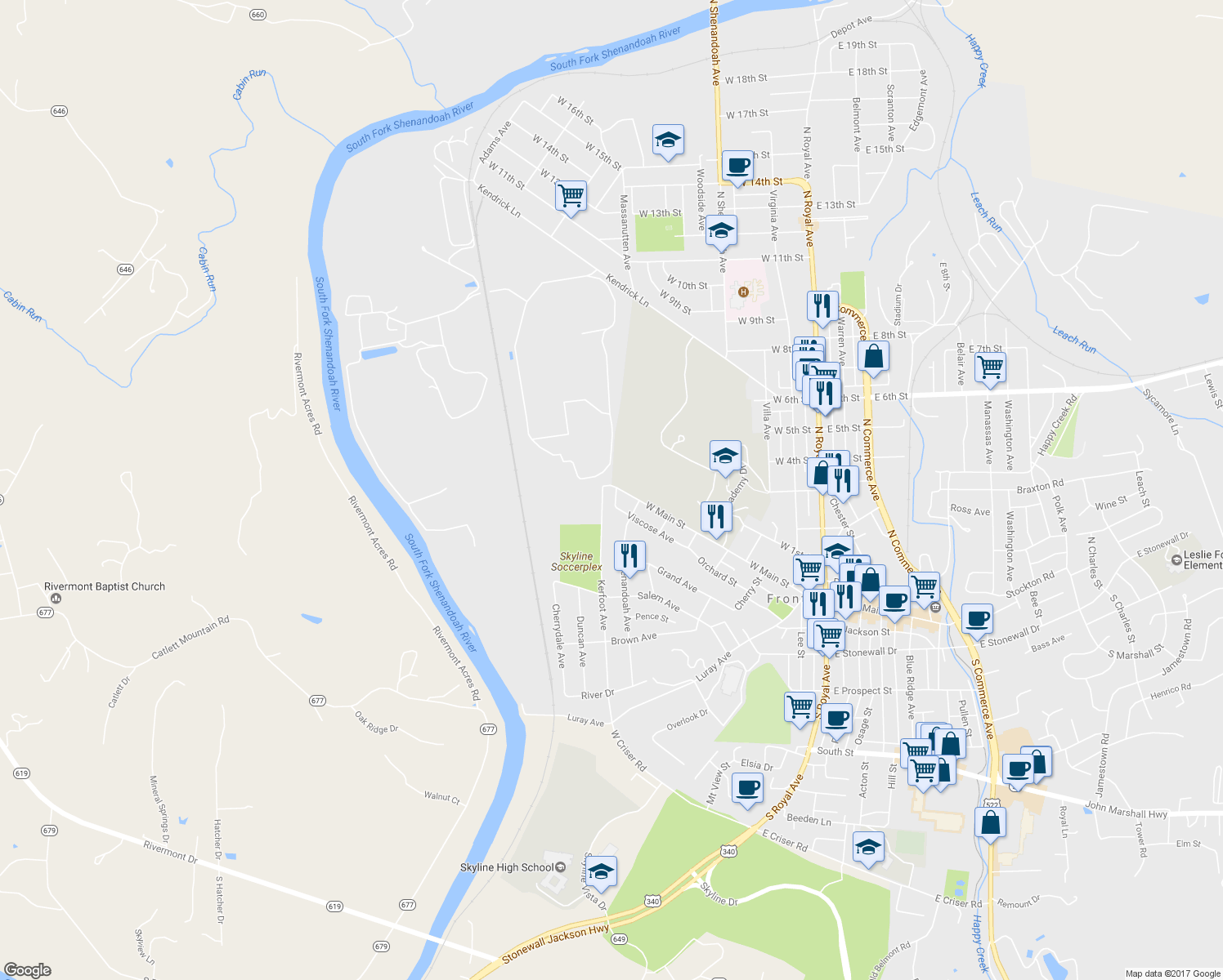 map of restaurants, bars, coffee shops, grocery stores, and more near 720 Viscose Avenue in Front Royal