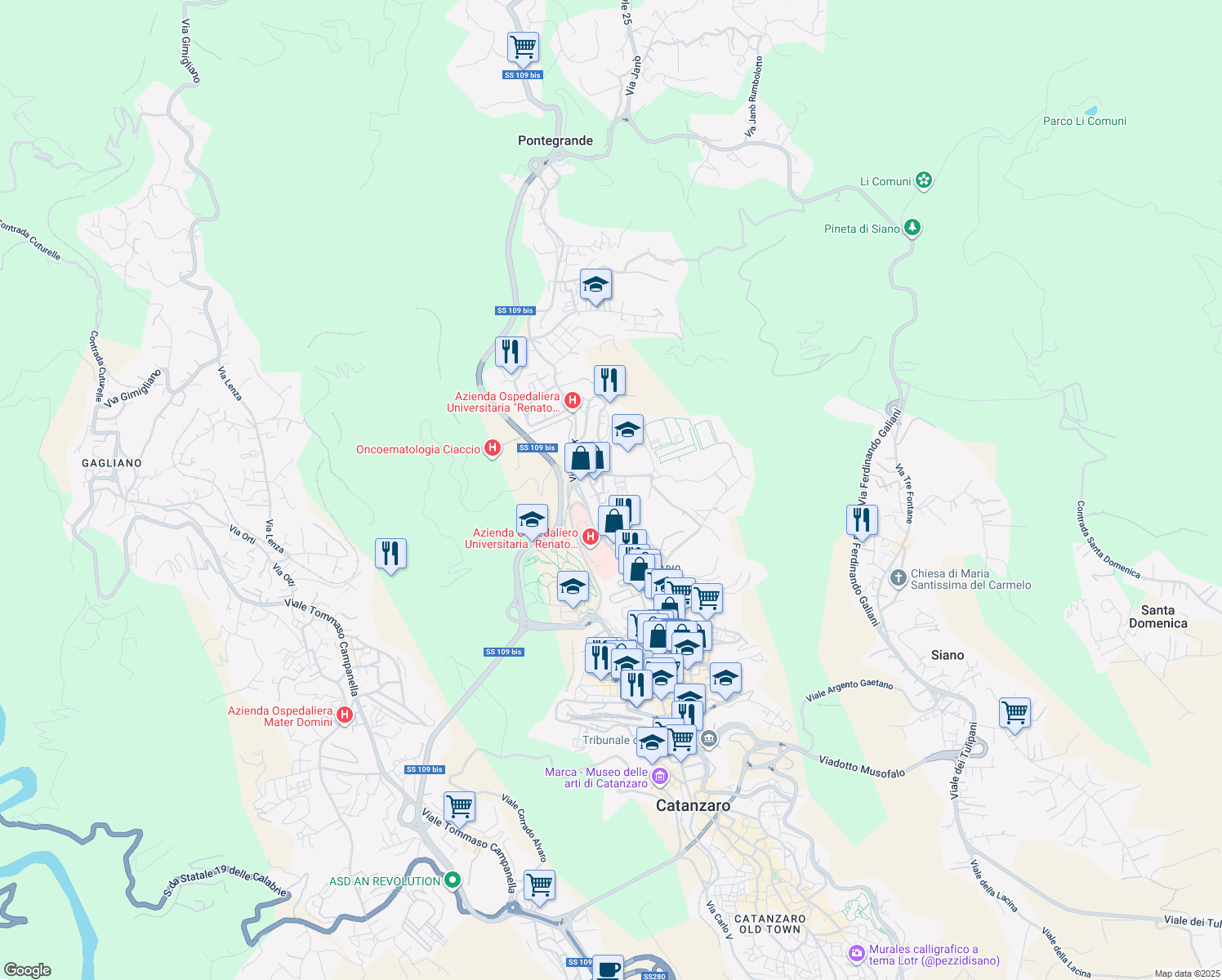 map of restaurants, bars, coffee shops, grocery stores, and more near 7 Via San Brunone di Colonia in Catanzaro