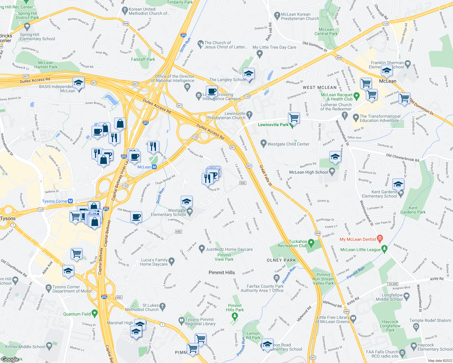 map of restaurants, bars, coffee shops, grocery stores, and more near 1709 Westwind Way in McLean