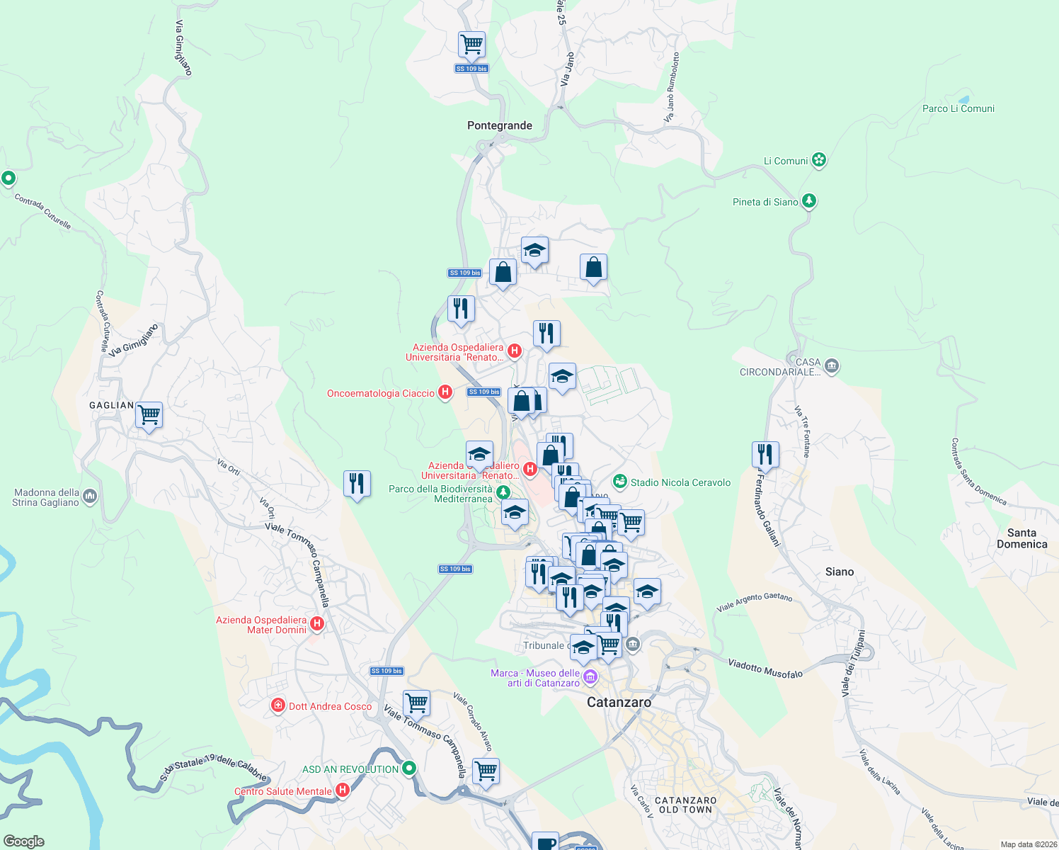 map of restaurants, bars, coffee shops, grocery stores, and more near 28 Via Madonna dei Cieli in Catanzaro