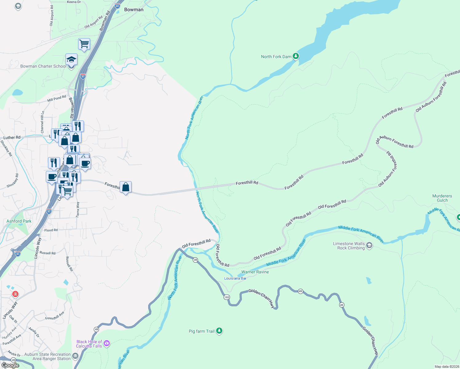map of restaurants, bars, coffee shops, grocery stores, and more near 114 Foresthill Road in Auburn