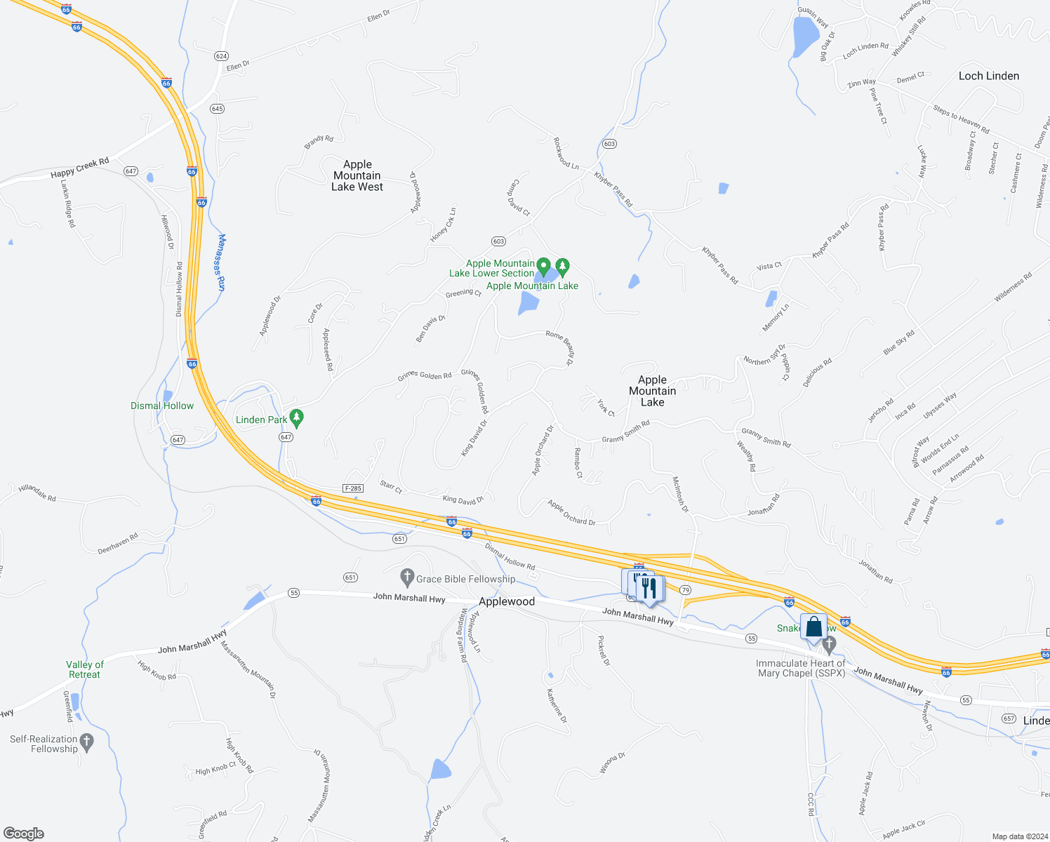 map of restaurants, bars, coffee shops, grocery stores, and more near 1399 King David Drive in Linden