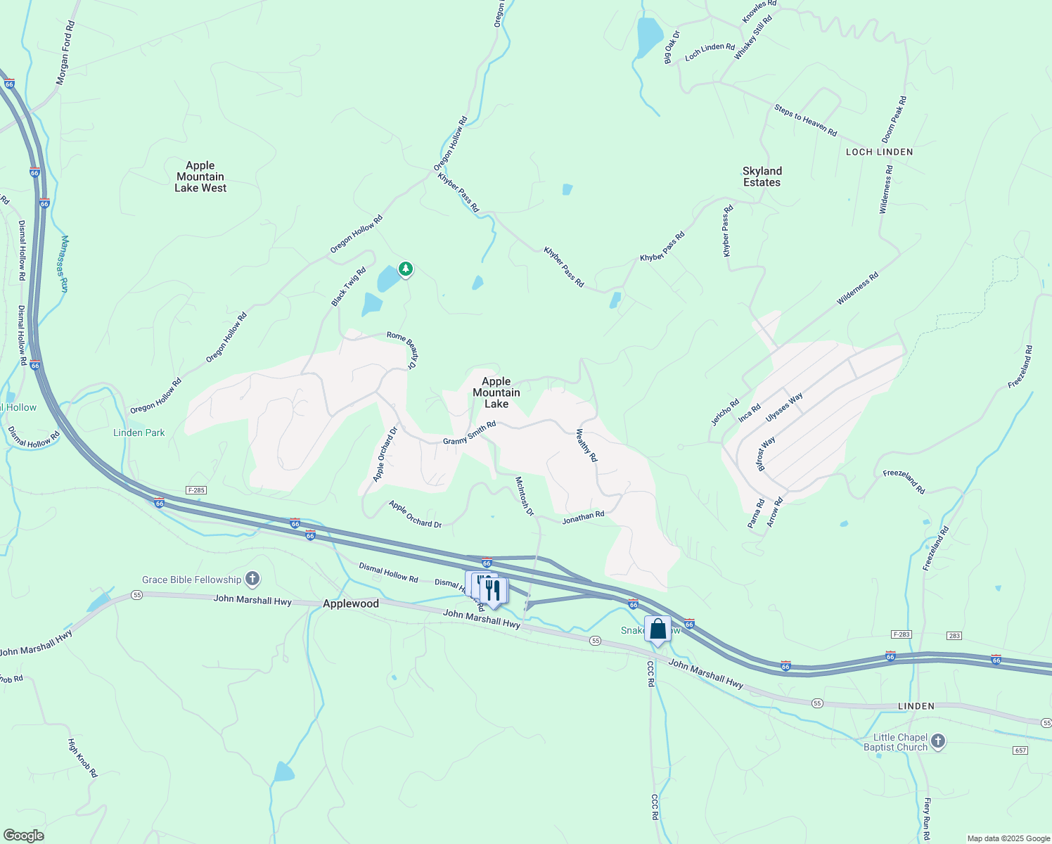 map of restaurants, bars, coffee shops, grocery stores, and more near 579 Granny Smith Road in Linden