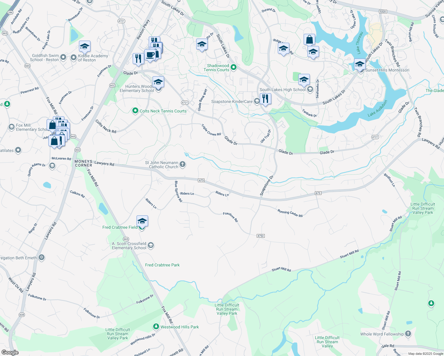 map of restaurants, bars, coffee shops, grocery stores, and more near 2505 Fauquier Lane in Reston