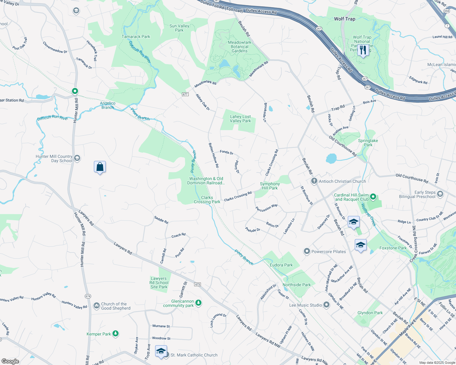 map of restaurants, bars, coffee shops, grocery stores, and more near 1908 Ballycor Drive in Vienna