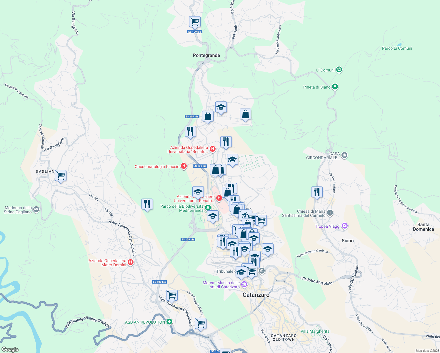 map of restaurants, bars, coffee shops, grocery stores, and more near 28 Via Madonna dei Cieli in Catanzaro