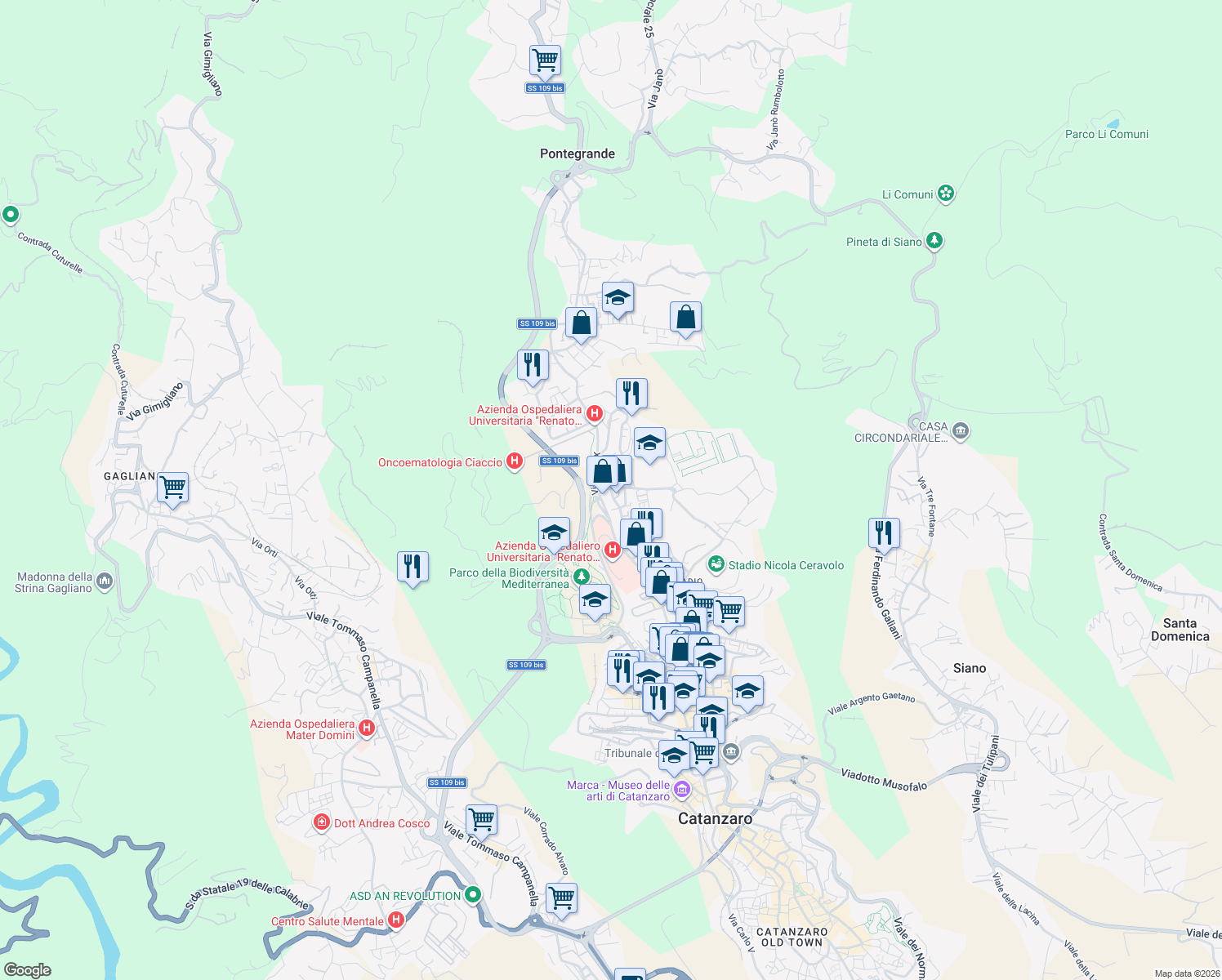 map of restaurants, bars, coffee shops, grocery stores, and more near 28 Via Madonna dei Cieli in Catanzaro