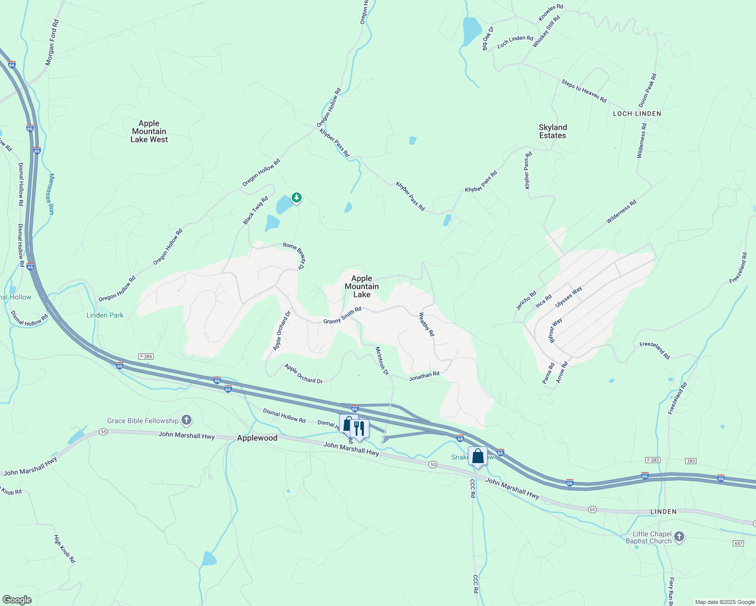 map of restaurants, bars, coffee shops, grocery stores, and more near 567 Granny Smith Road in Linden