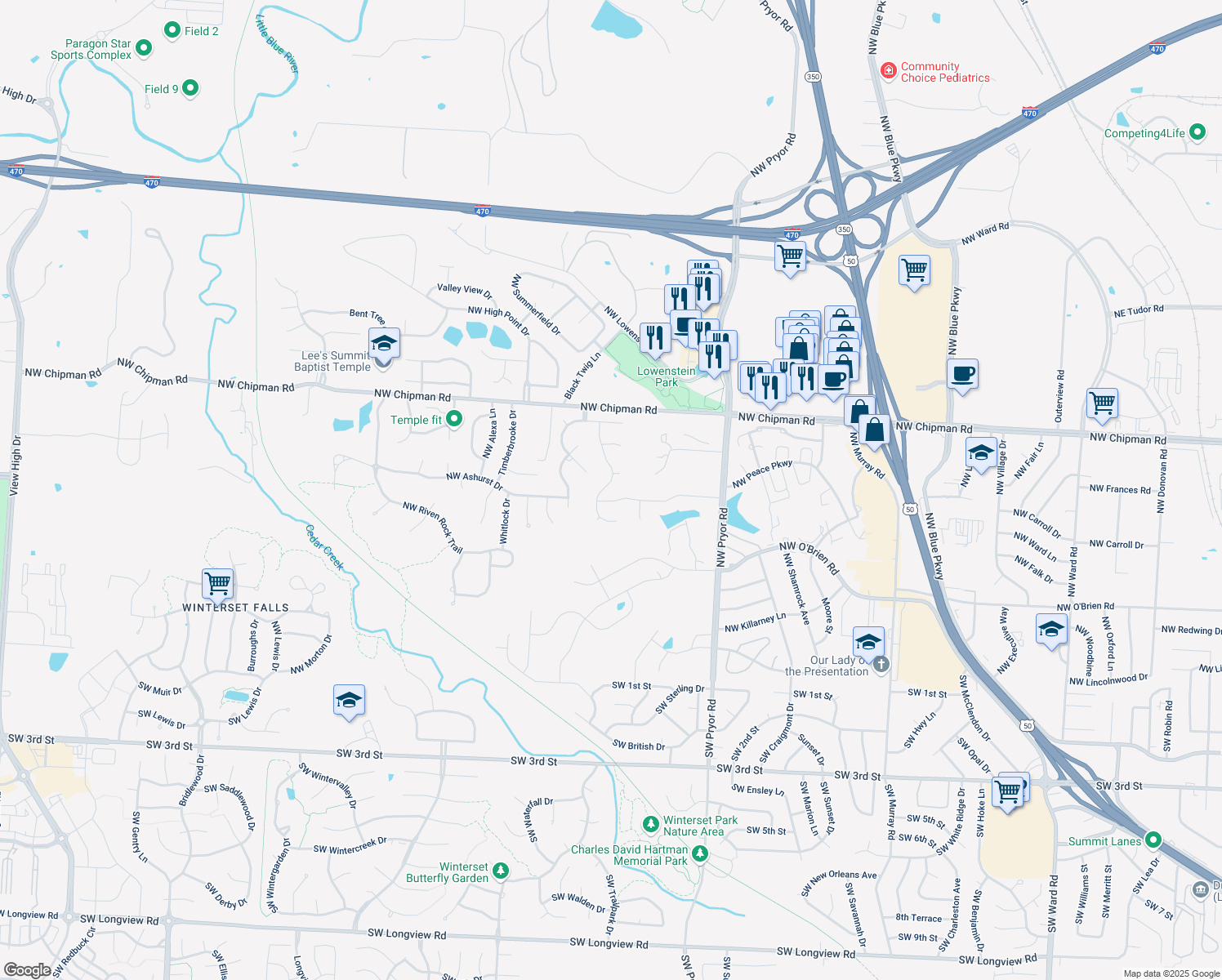 map of restaurants, bars, coffee shops, grocery stores, and more near 505 Highcliffe Drive in Lee's Summit
