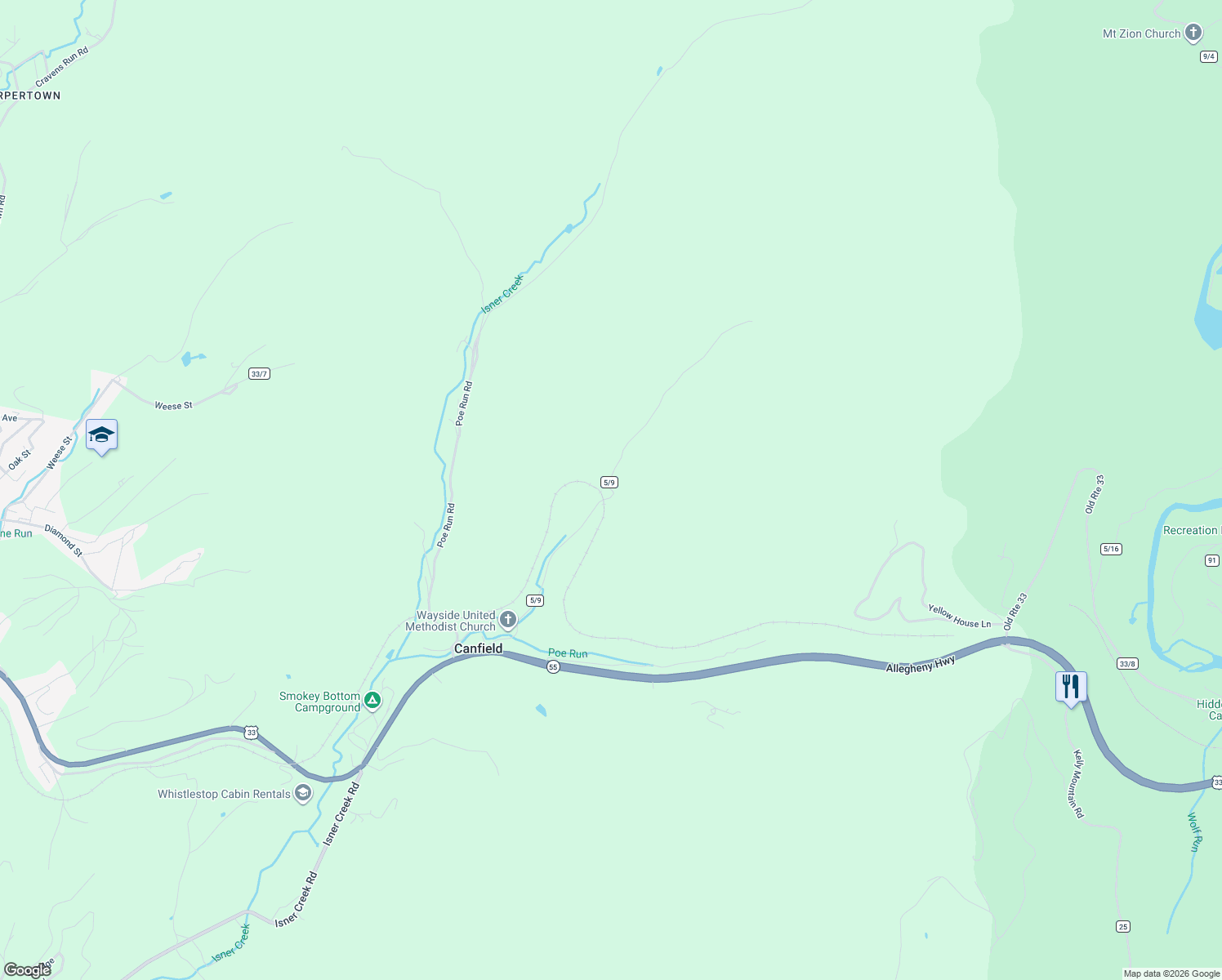map of restaurants, bars, coffee shops, grocery stores, and more near County Route 5/9 in Randolph County
