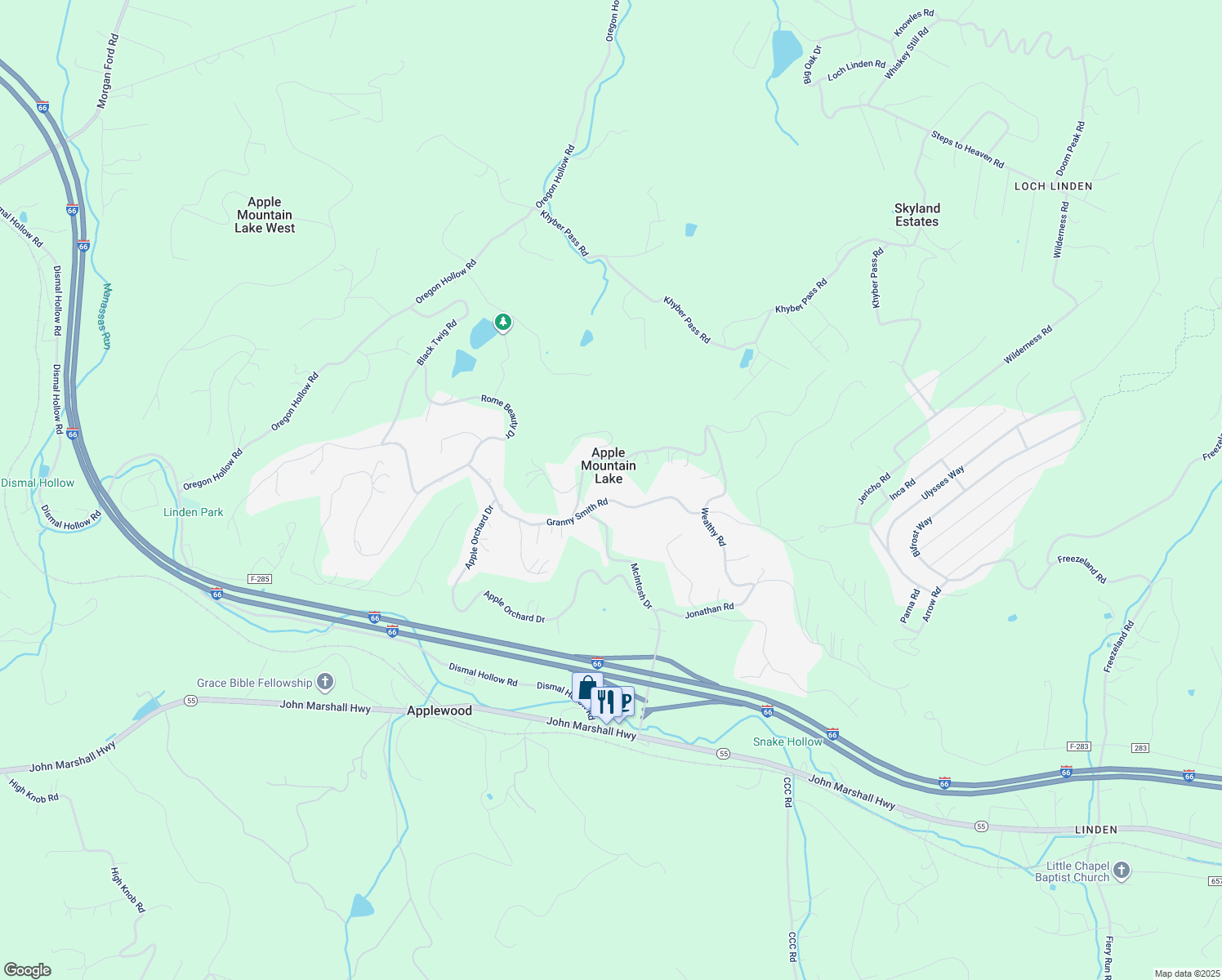 map of restaurants, bars, coffee shops, grocery stores, and more near 483 Granny Smith Road in Linden