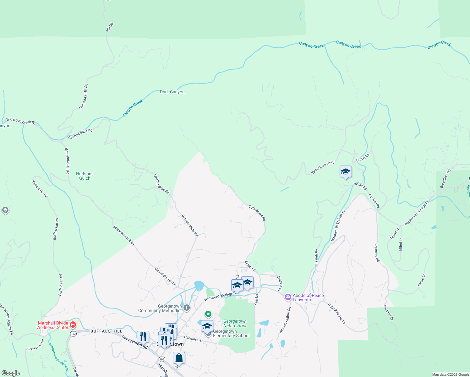 map of restaurants, bars, coffee shops, grocery stores, and more near 7040 Goferbroke Road in Georgetown