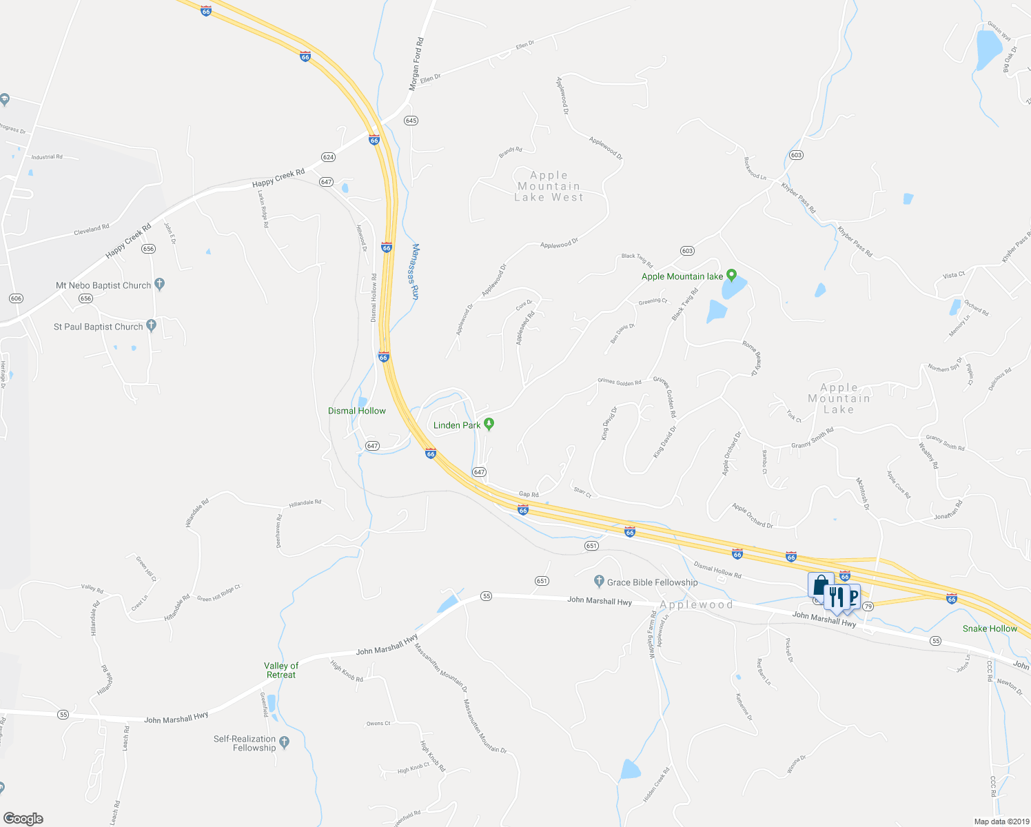 map of restaurants, bars, coffee shops, grocery stores, and more near 126 Oregon Hollow Road in Front Royal