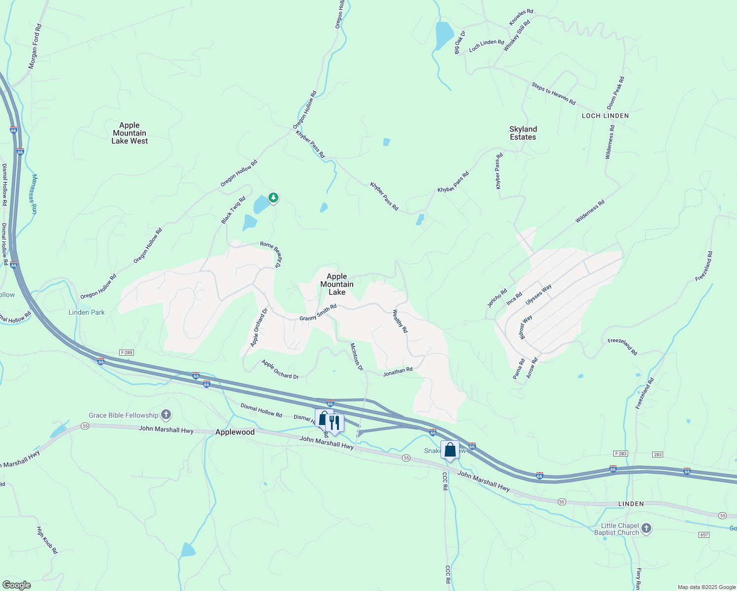 map of restaurants, bars, coffee shops, grocery stores, and more near 645 Granny Smith Road in Linden