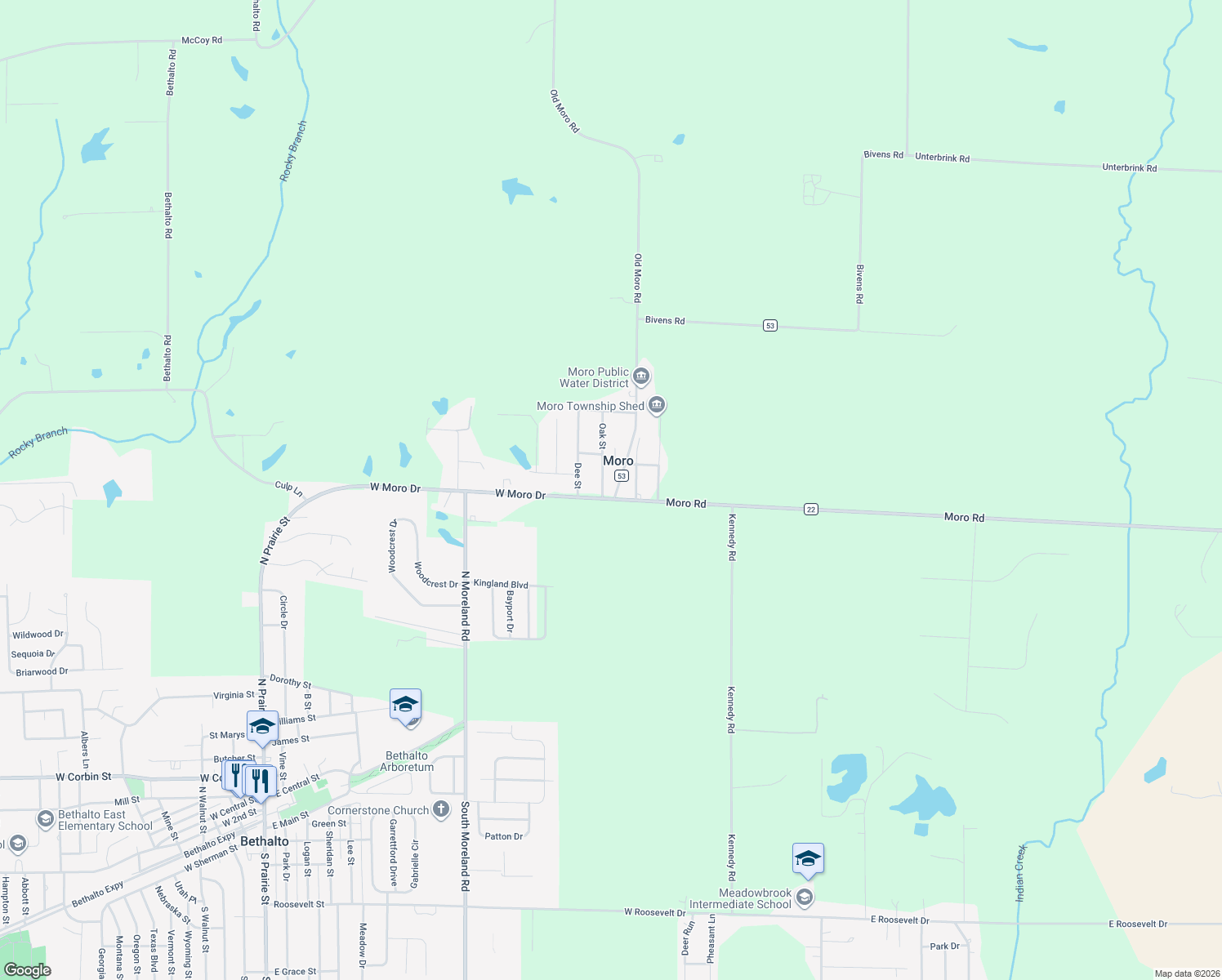 map of restaurants, bars, coffee shops, grocery stores, and more near 9 North Main Street in Moro