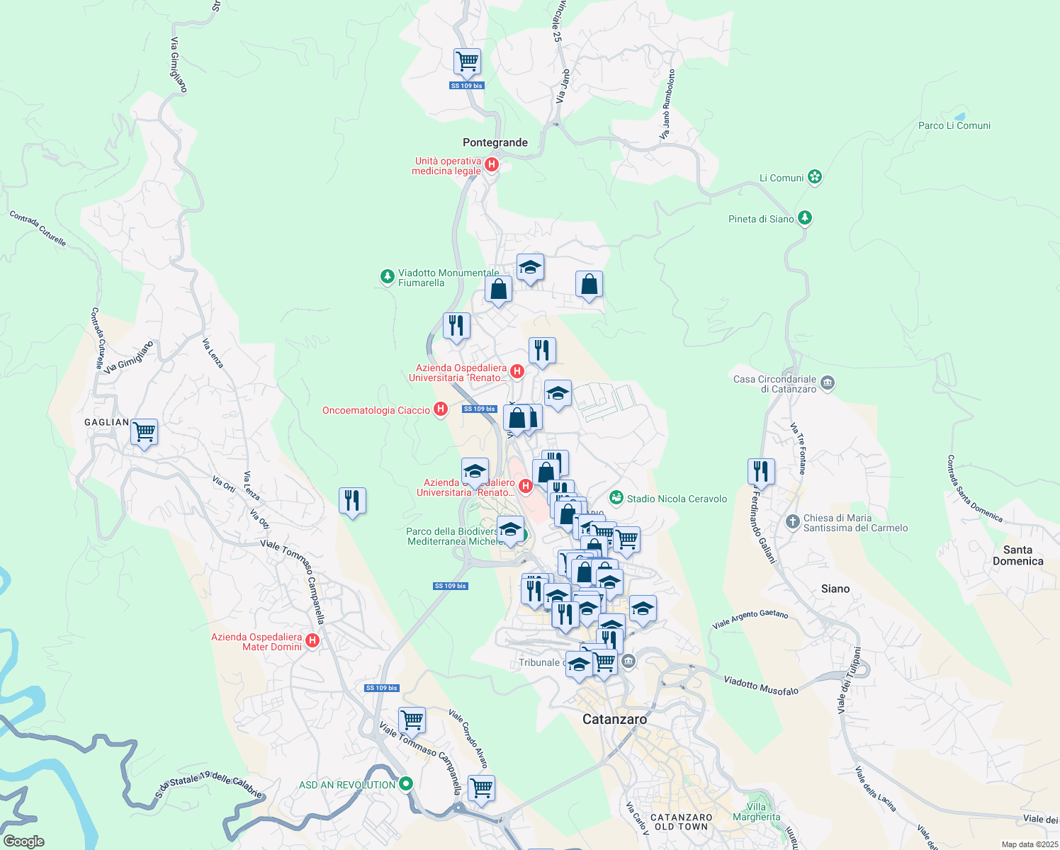 map of restaurants, bars, coffee shops, grocery stores, and more near 28 Via Madonna dei Cieli in Catanzaro