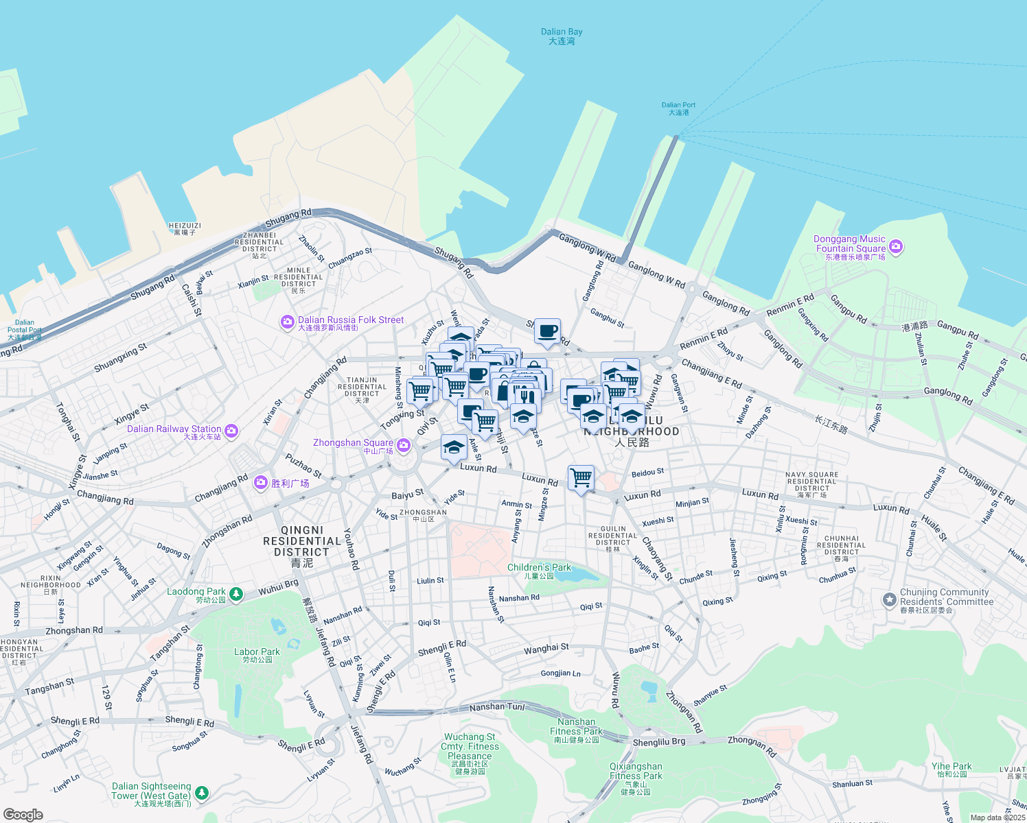 map of restaurants, bars, coffee shops, grocery stores, and more near Ren Min Lu in Da Lian Shi