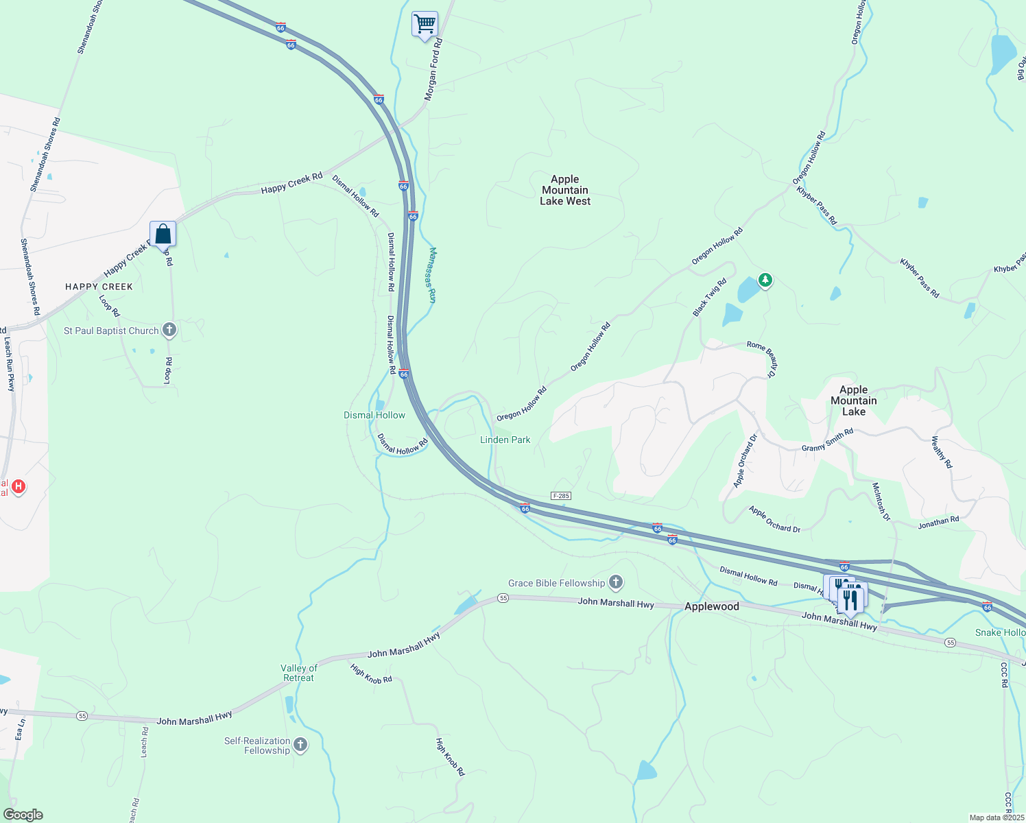 map of restaurants, bars, coffee shops, grocery stores, and more near 126 Oregon Hollow Road in Front Royal