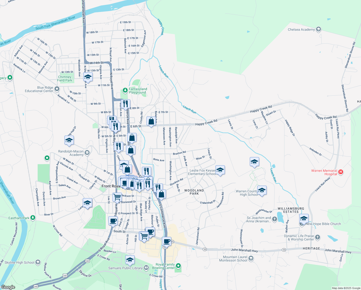 map of restaurants, bars, coffee shops, grocery stores, and more near 809 Happy Creek Road in Front Royal