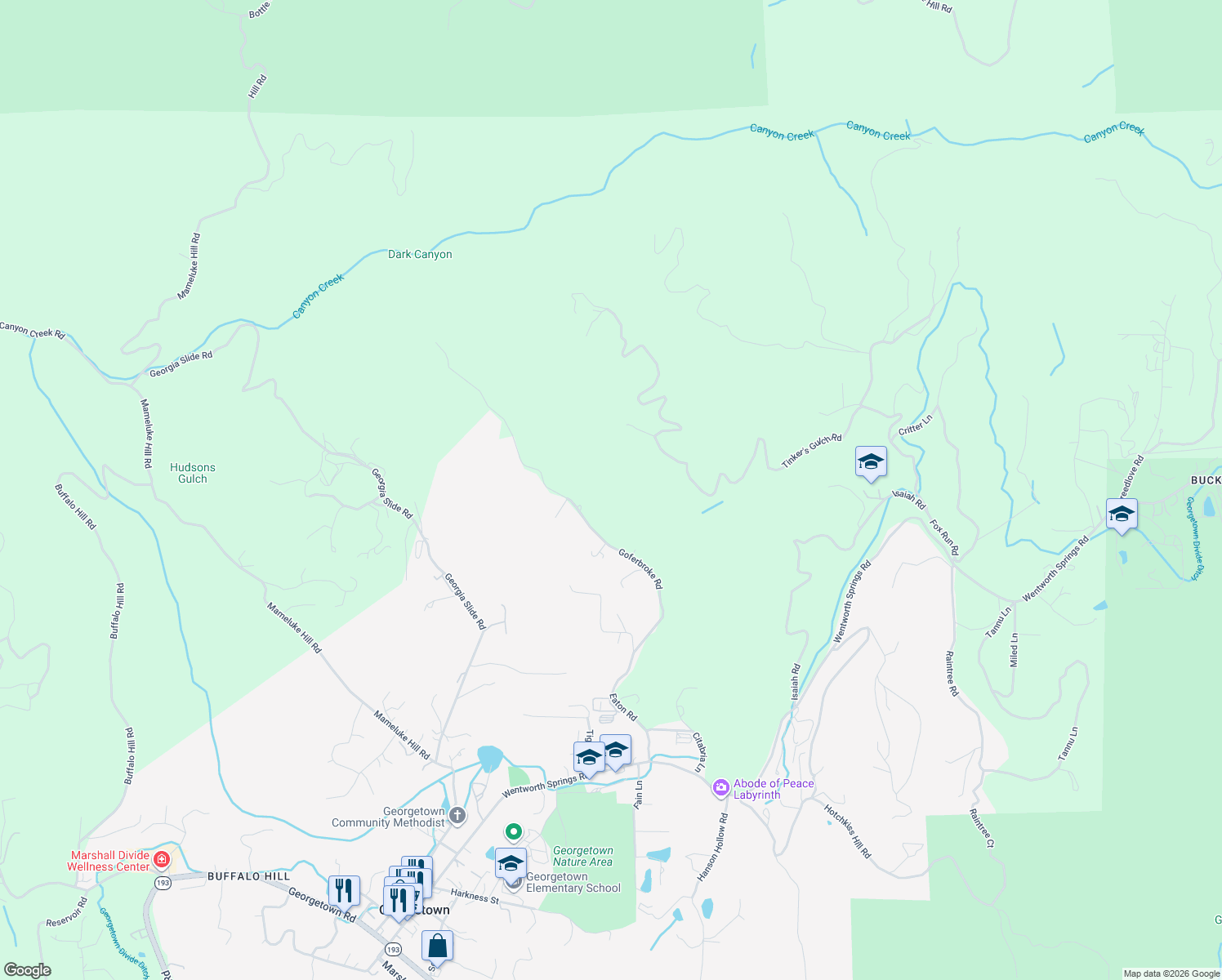 map of restaurants, bars, coffee shops, grocery stores, and more near 7040 Goferbroke Road in Georgetown