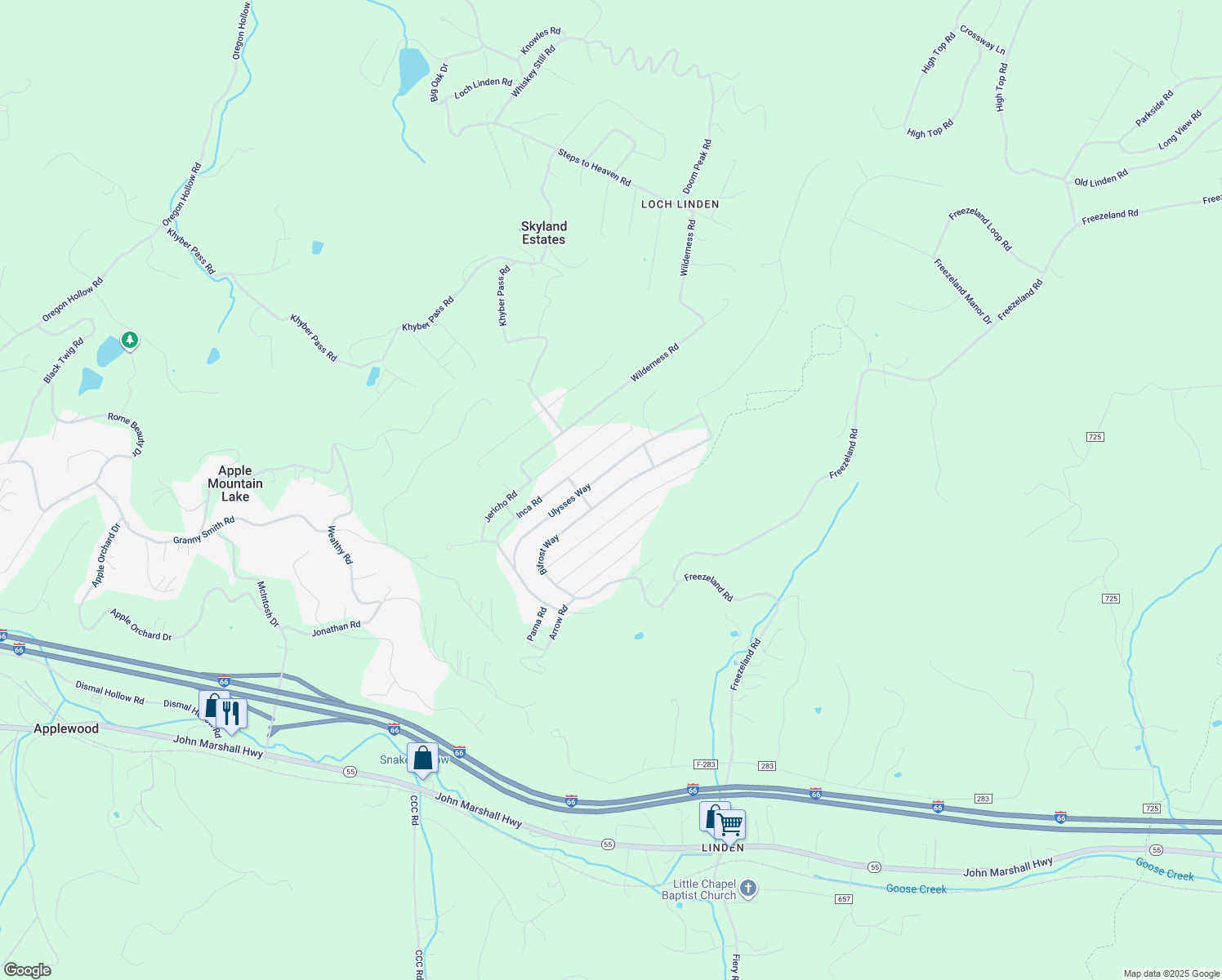 map of restaurants, bars, coffee shops, grocery stores, and more near 823 Bifrost Way in Skyland Estates