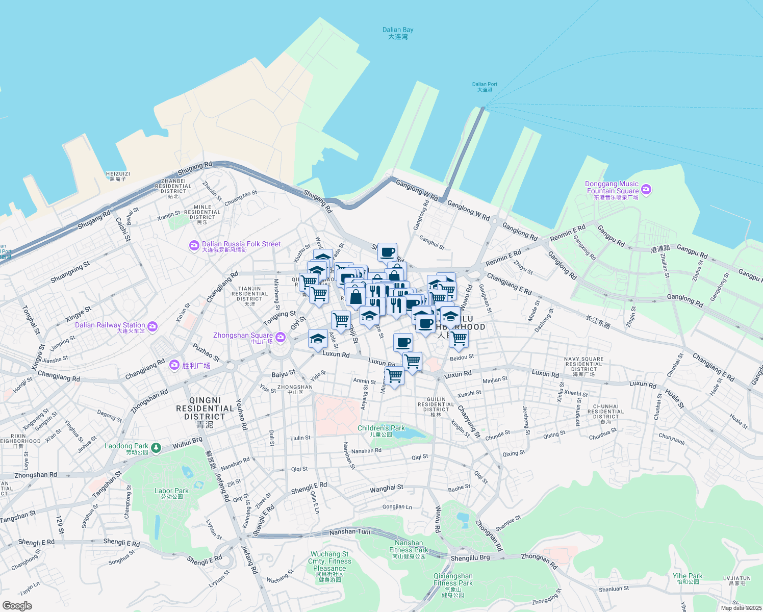 map of restaurants, bars, coffee shops, grocery stores, and more near Ren Min Lu in Da Lian Shi
