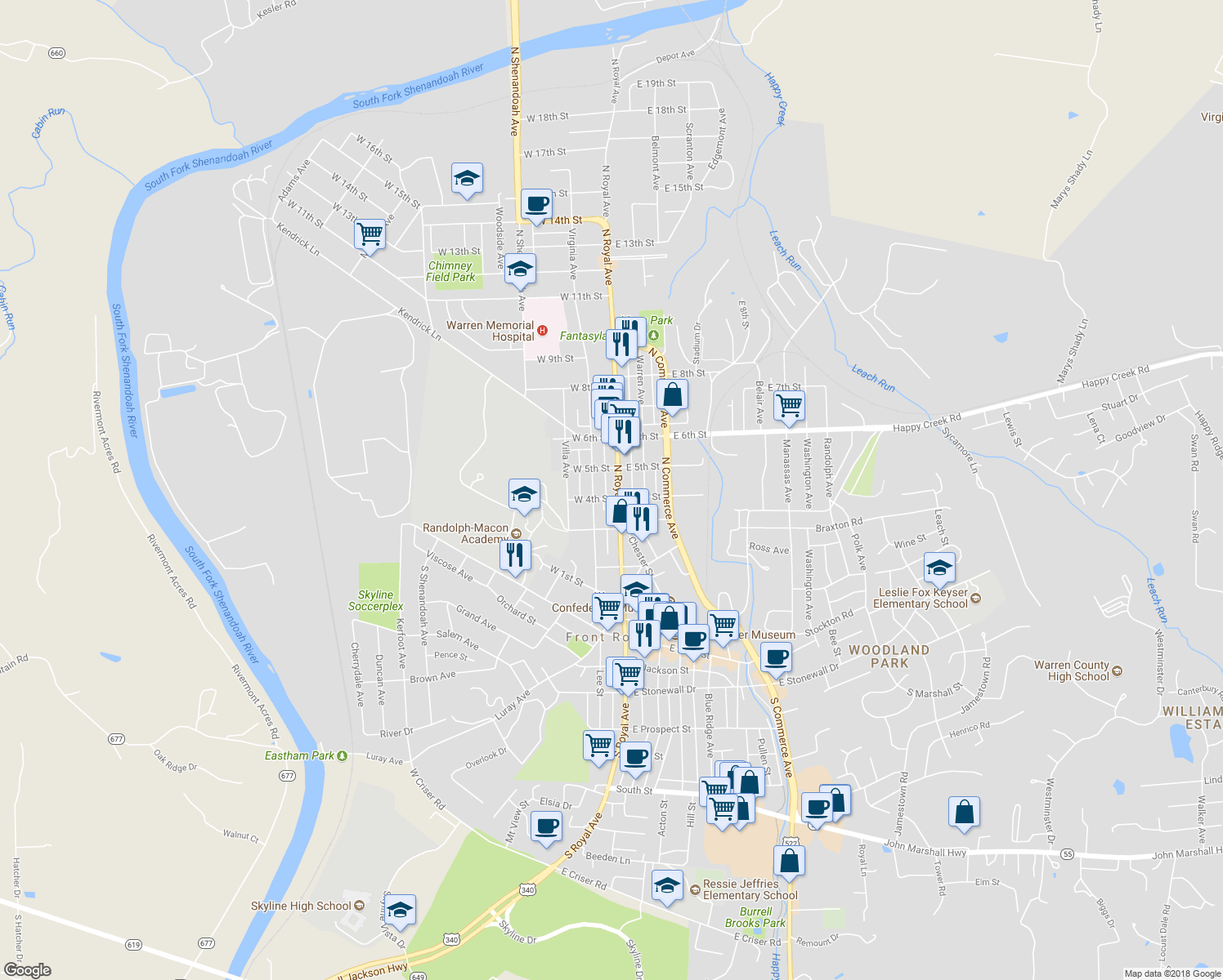 map of restaurants, bars, coffee shops, grocery stores, and more near 406 North Royal Avenue in Front Royal