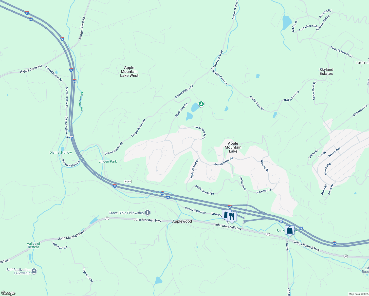 map of restaurants, bars, coffee shops, grocery stores, and more near 105 Rome Beauty Drive in Apple Mountain Lake