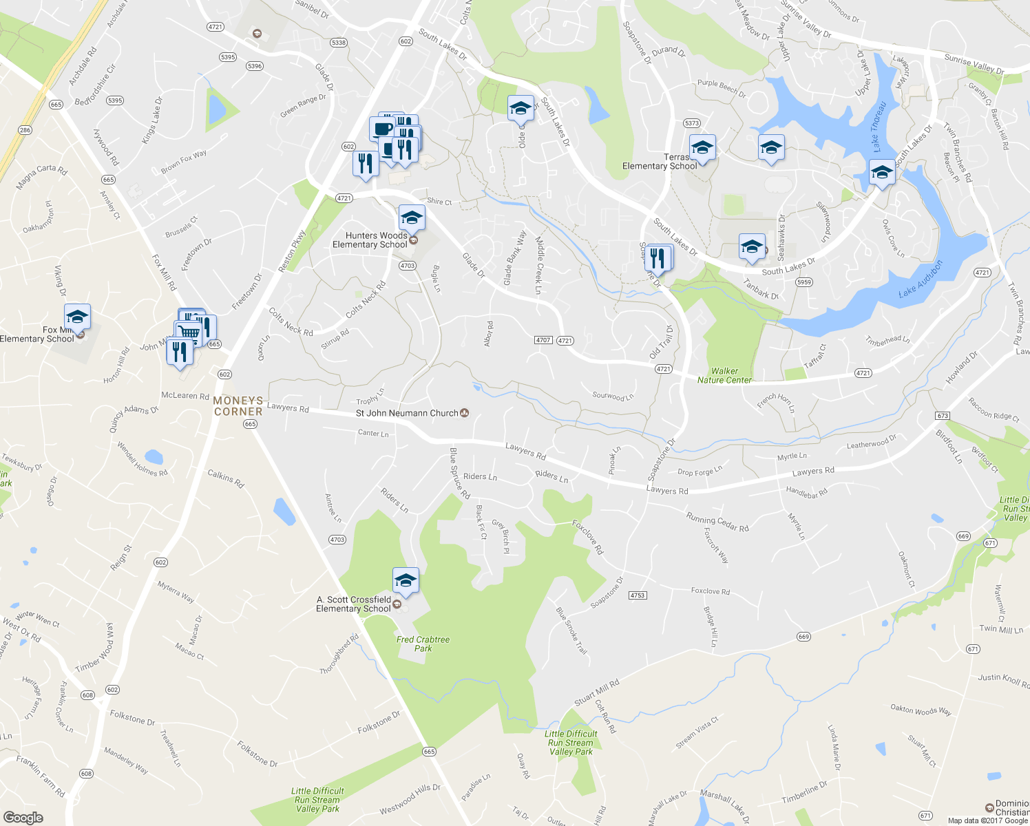 map of restaurants, bars, coffee shops, grocery stores, and more near 2503 Pegasus Lane in Reston