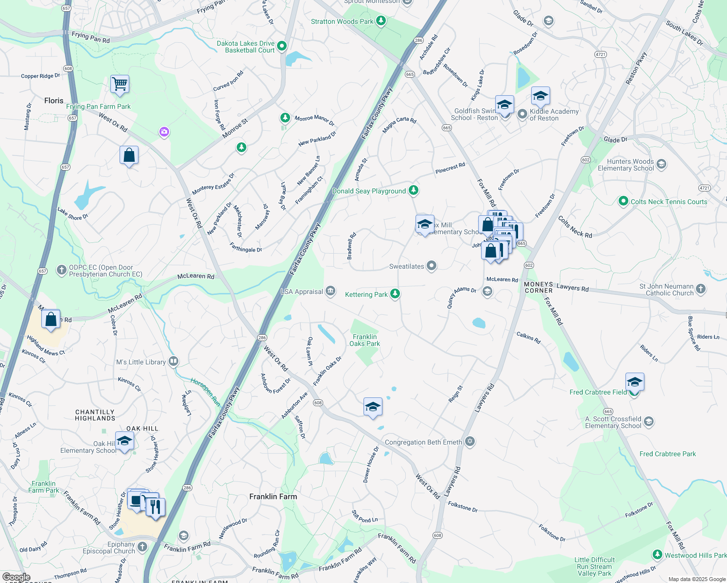 map of restaurants, bars, coffee shops, grocery stores, and more near 12823 Kettering Drive in Herndon