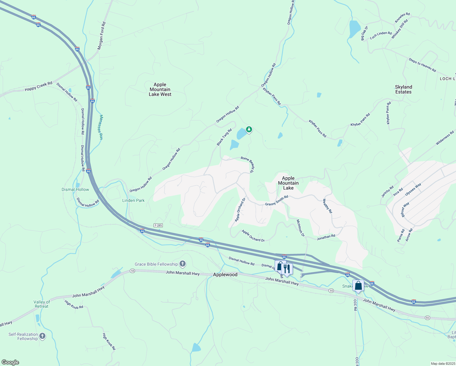 map of restaurants, bars, coffee shops, grocery stores, and more near 105 Rome Beauty Drive in Apple Mountain Lake