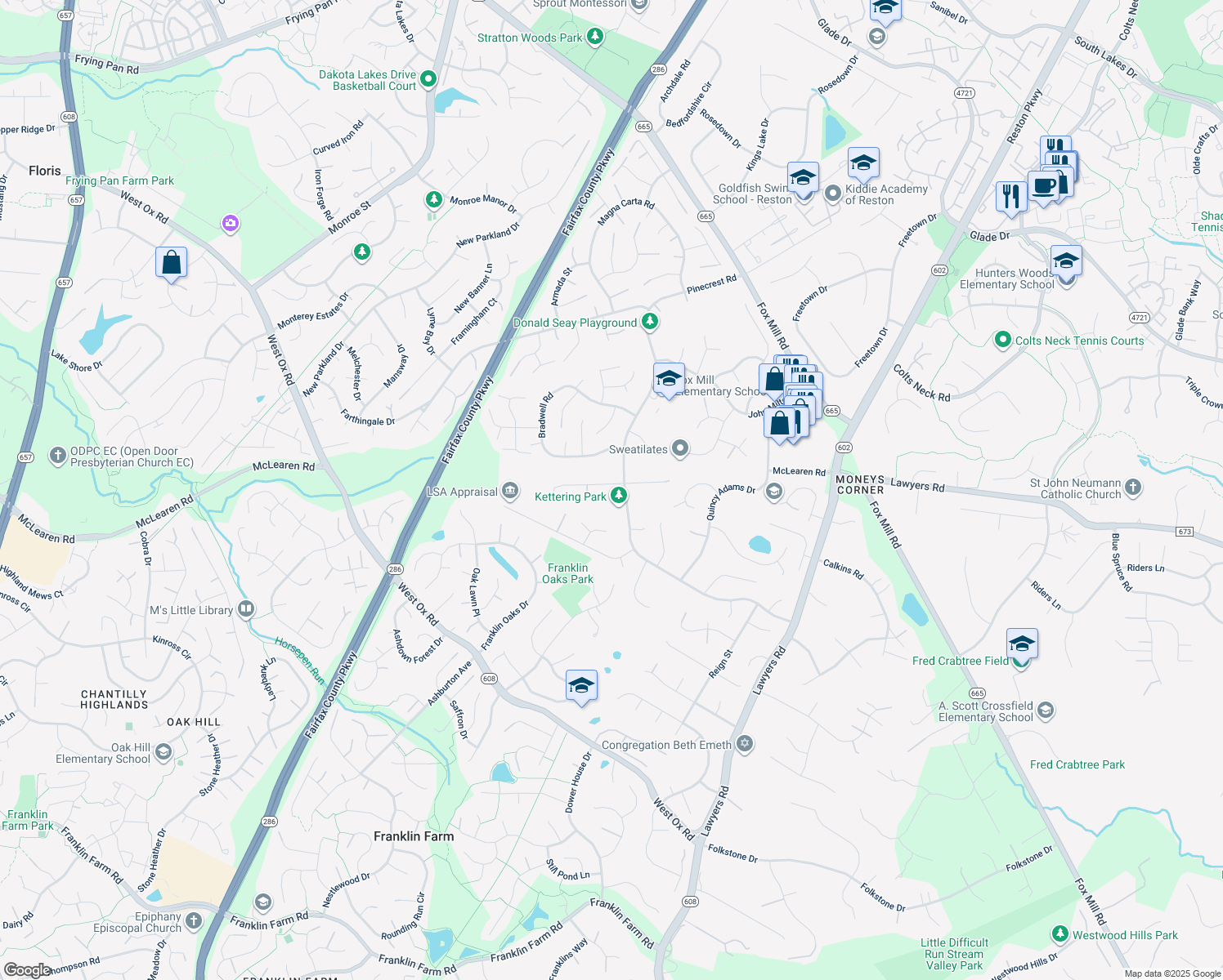 map of restaurants, bars, coffee shops, grocery stores, and more near 12803 Kettering Drive in Herndon