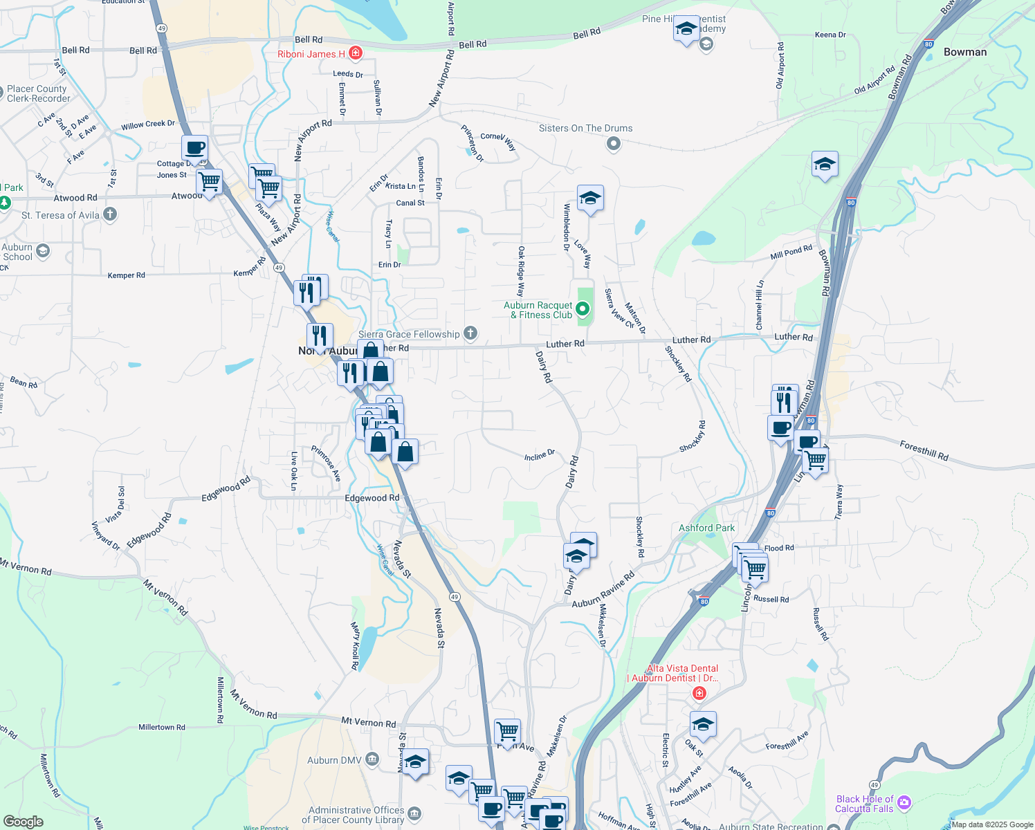 map of restaurants, bars, coffee shops, grocery stores, and more near 12431 Homestead Way in Auburn