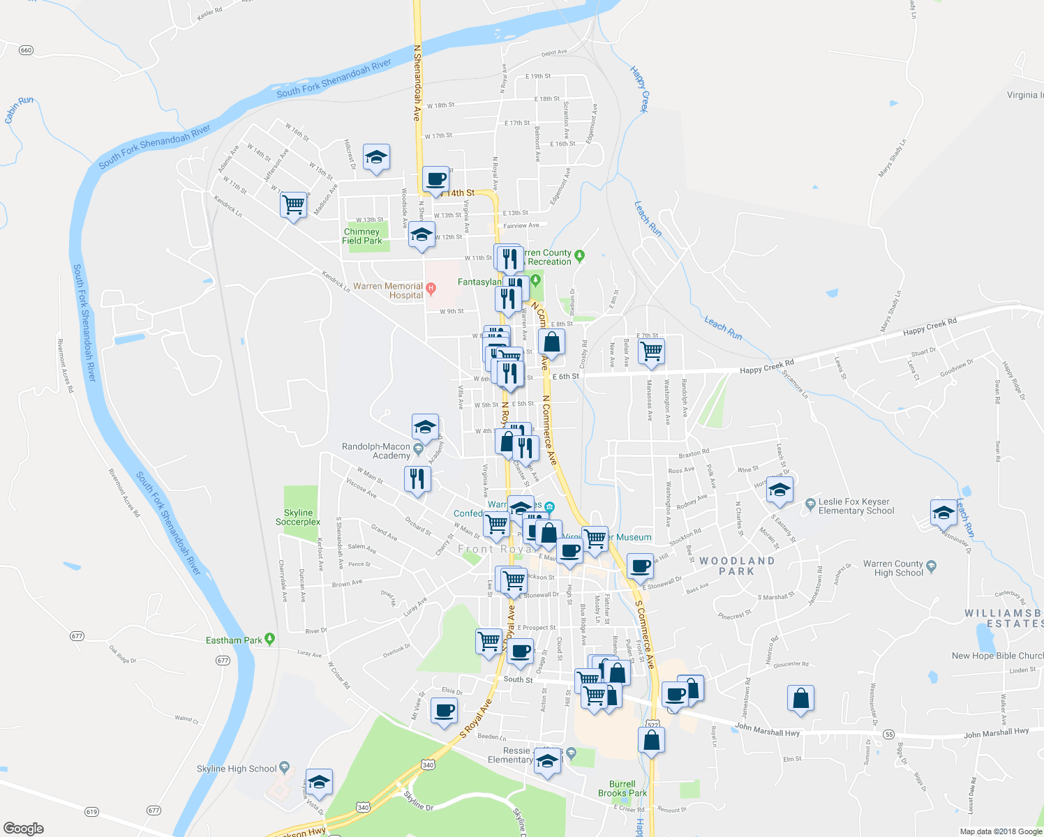 map of restaurants, bars, coffee shops, grocery stores, and more near 406 Warren Avenue in Front Royal