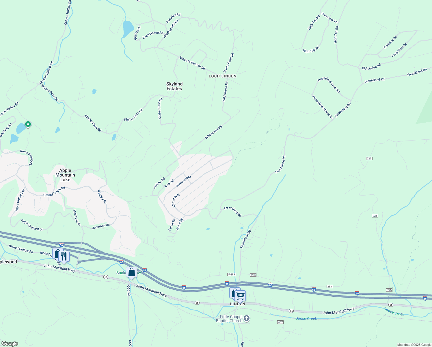 map of restaurants, bars, coffee shops, grocery stores, and more near 425 Worlds End Lane in Linden