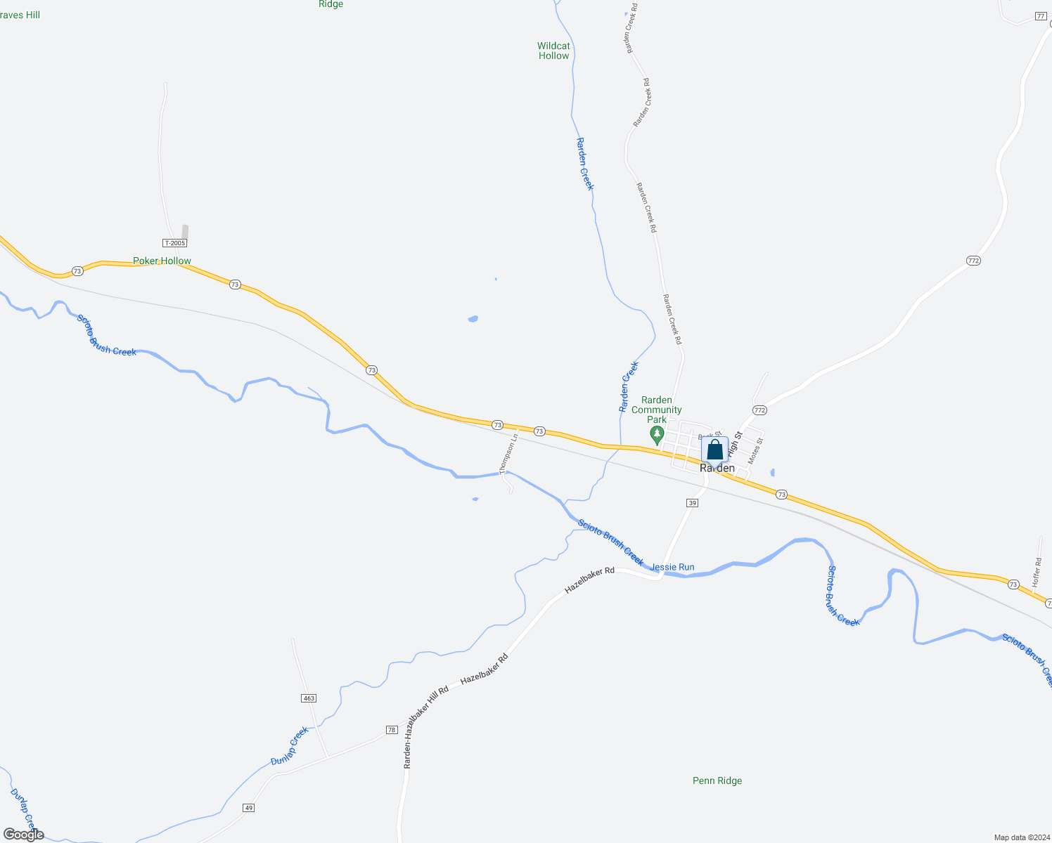 map of restaurants, bars, coffee shops, grocery stores, and more near 869 Ohio 73 in Rarden