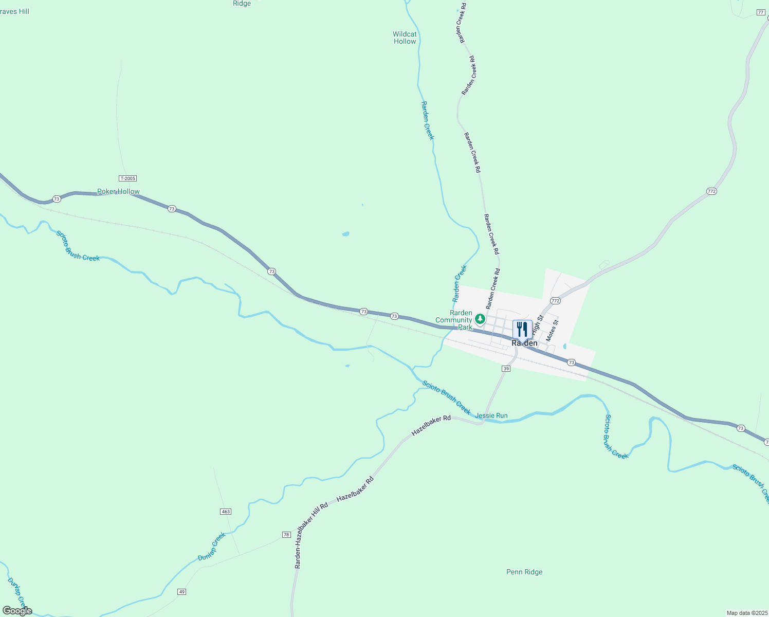 map of restaurants, bars, coffee shops, grocery stores, and more near 869 Ohio 73 in Rarden