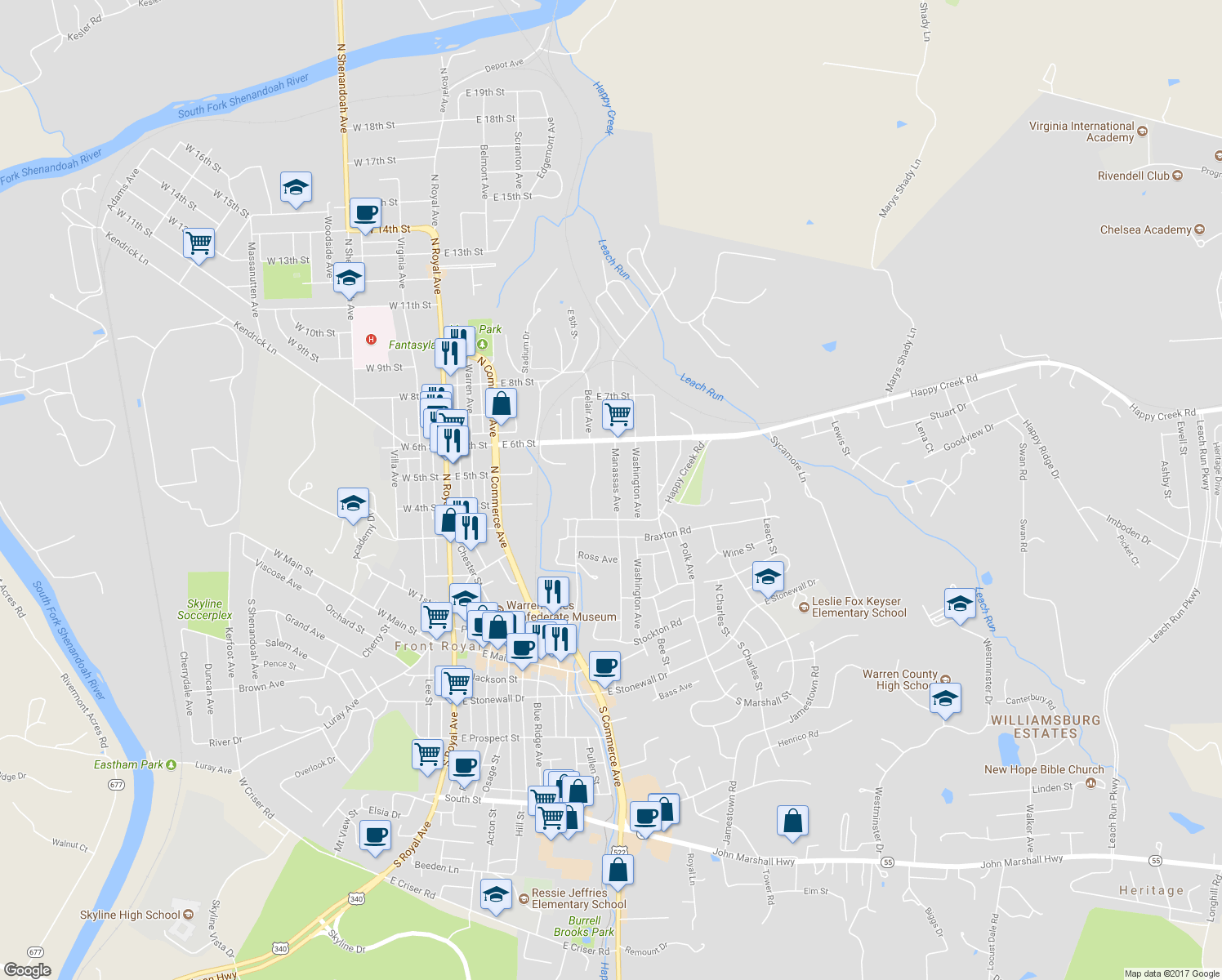 map of restaurants, bars, coffee shops, grocery stores, and more near 436 Manassas Avenue in Front Royal
