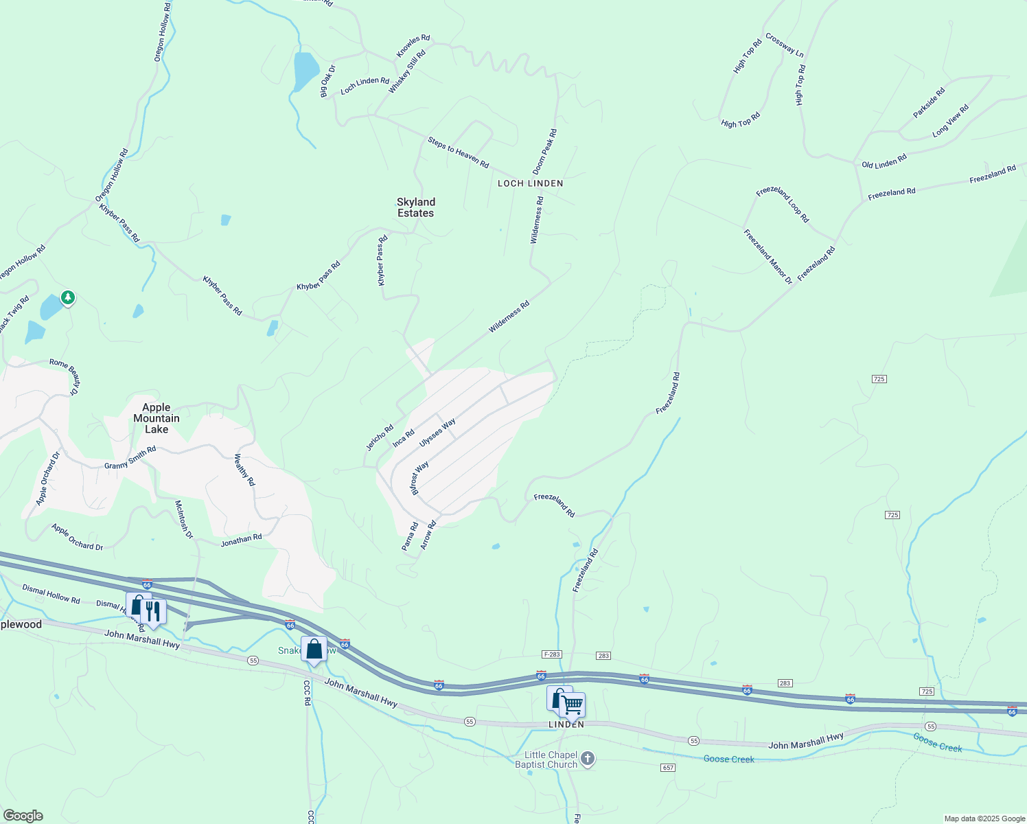 map of restaurants, bars, coffee shops, grocery stores, and more near 425 Worlds End Lane in Linden