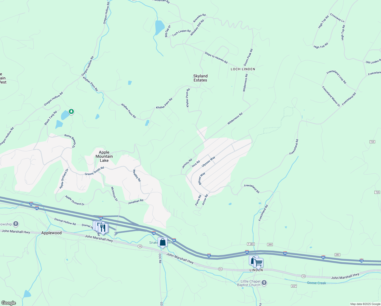 map of restaurants, bars, coffee shops, grocery stores, and more near 41 Wilderness Road in Skyland Estates