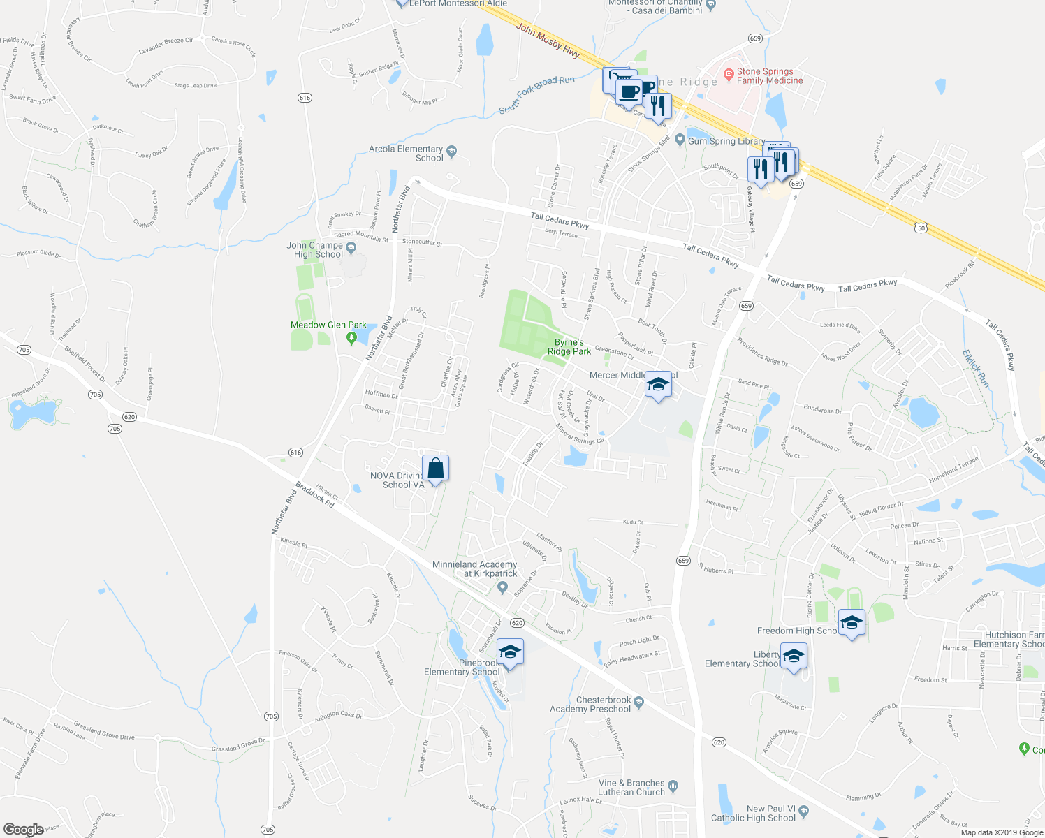 map of restaurants, bars, coffee shops, grocery stores, and more near 41864 Diabase Square in Loudoun