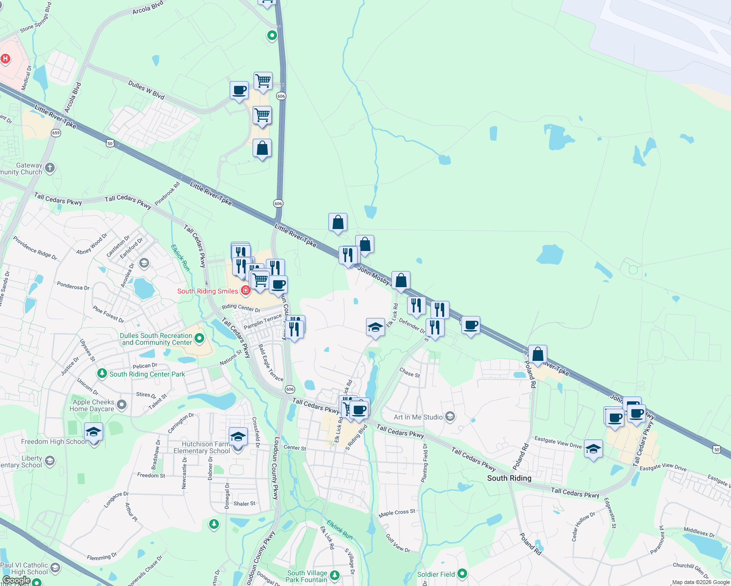 map of restaurants, bars, coffee shops, grocery stores, and more near 43149 John Mosby Highway in Chantilly