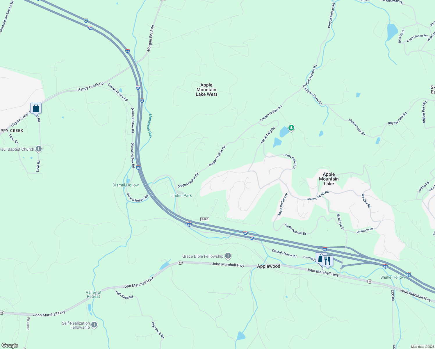 map of restaurants, bars, coffee shops, grocery stores, and more near 450 Grimes Golden Road in Apple Mountain Lake