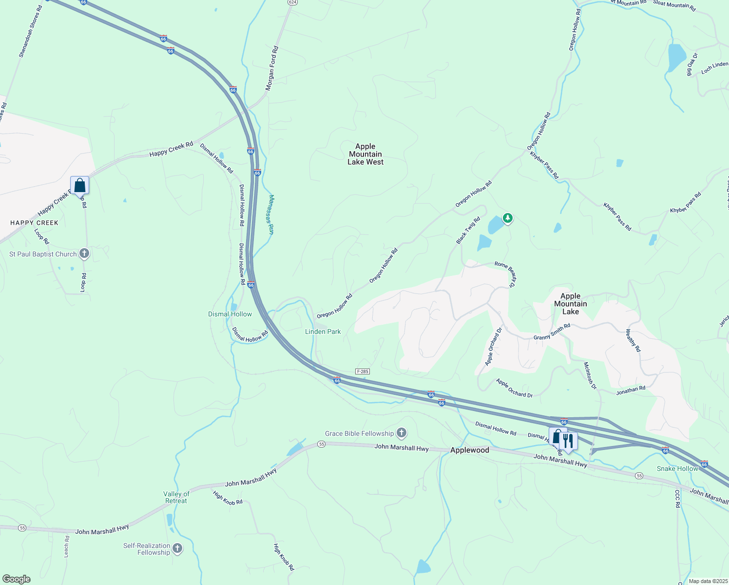 map of restaurants, bars, coffee shops, grocery stores, and more near 286 Oregon Hollow Road in Linden