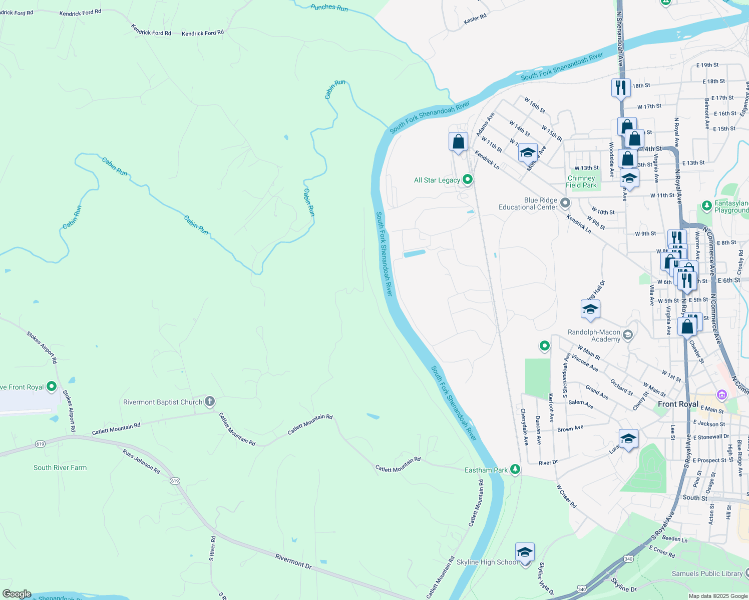 map of restaurants, bars, coffee shops, grocery stores, and more near 925 Rivermont Acres Road in Front Royal