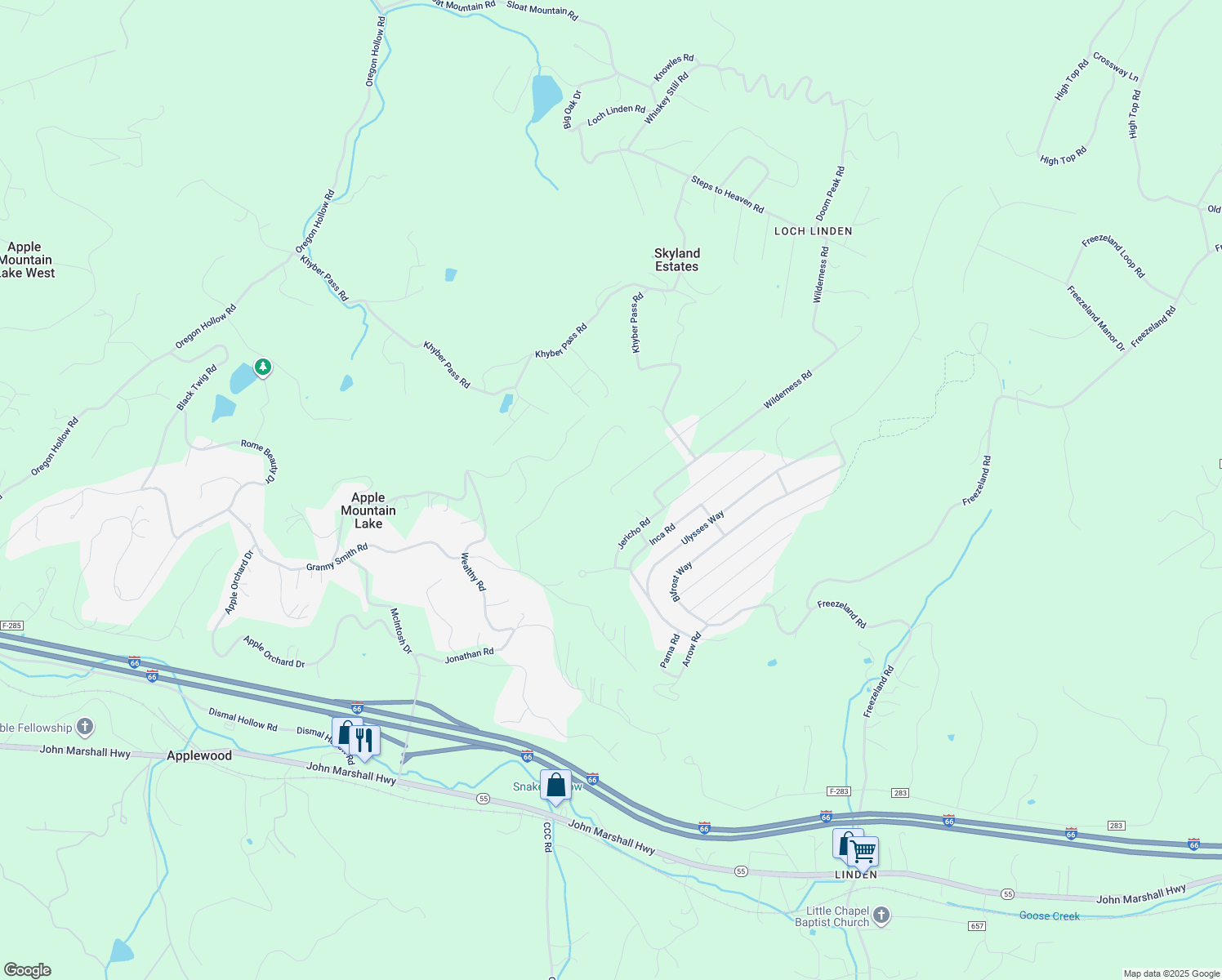 map of restaurants, bars, coffee shops, grocery stores, and more near 110 Blue Sky Road in Linden
