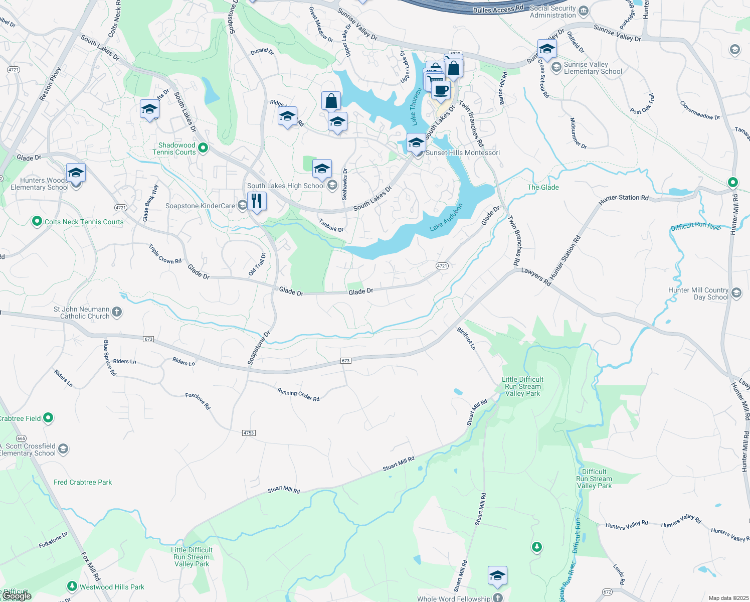 map of restaurants, bars, coffee shops, grocery stores, and more near 11228 Hunting Horn Lane in Reston