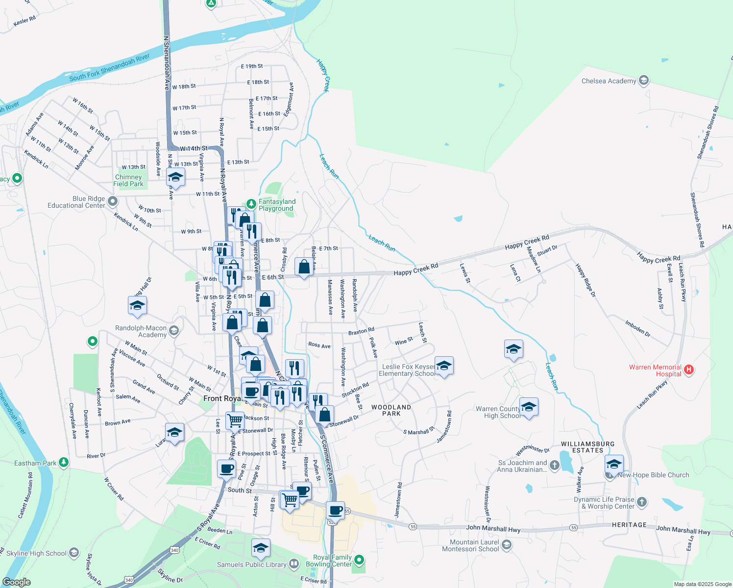 map of restaurants, bars, coffee shops, grocery stores, and more near 517 Frederick Avenue in Front Royal