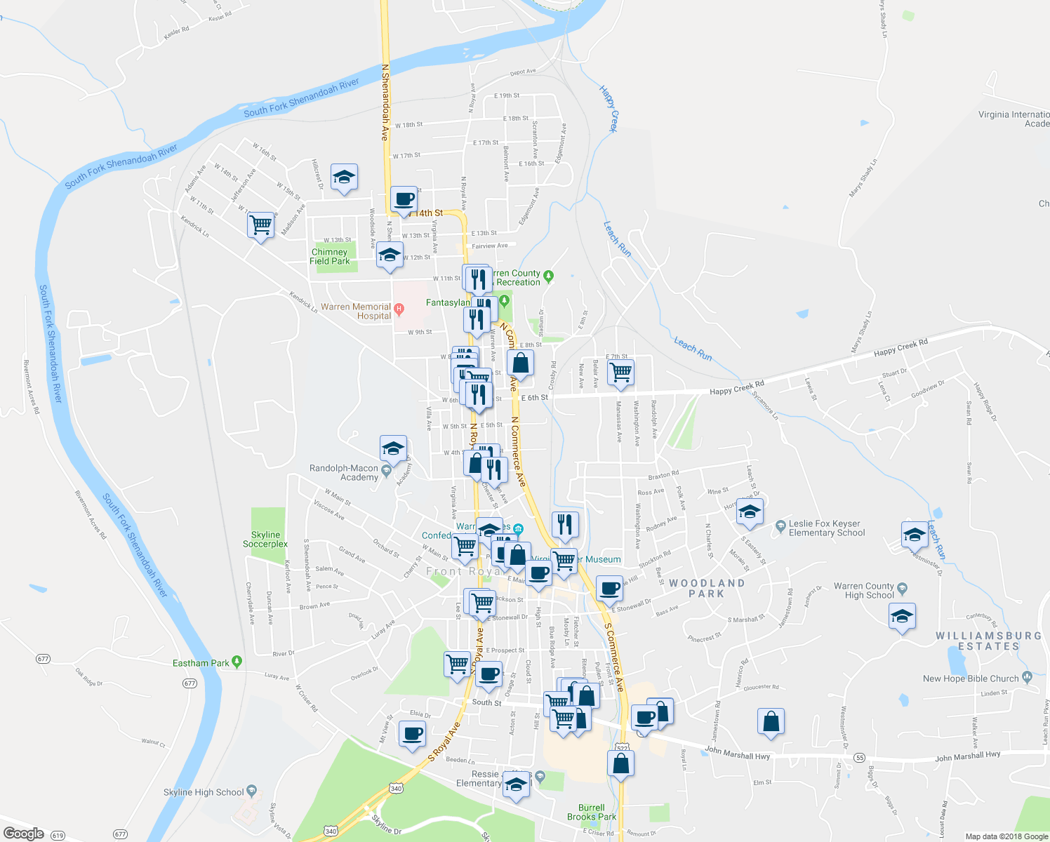 map of restaurants, bars, coffee shops, grocery stores, and more near 501 North Commerce Avenue in Front Royal